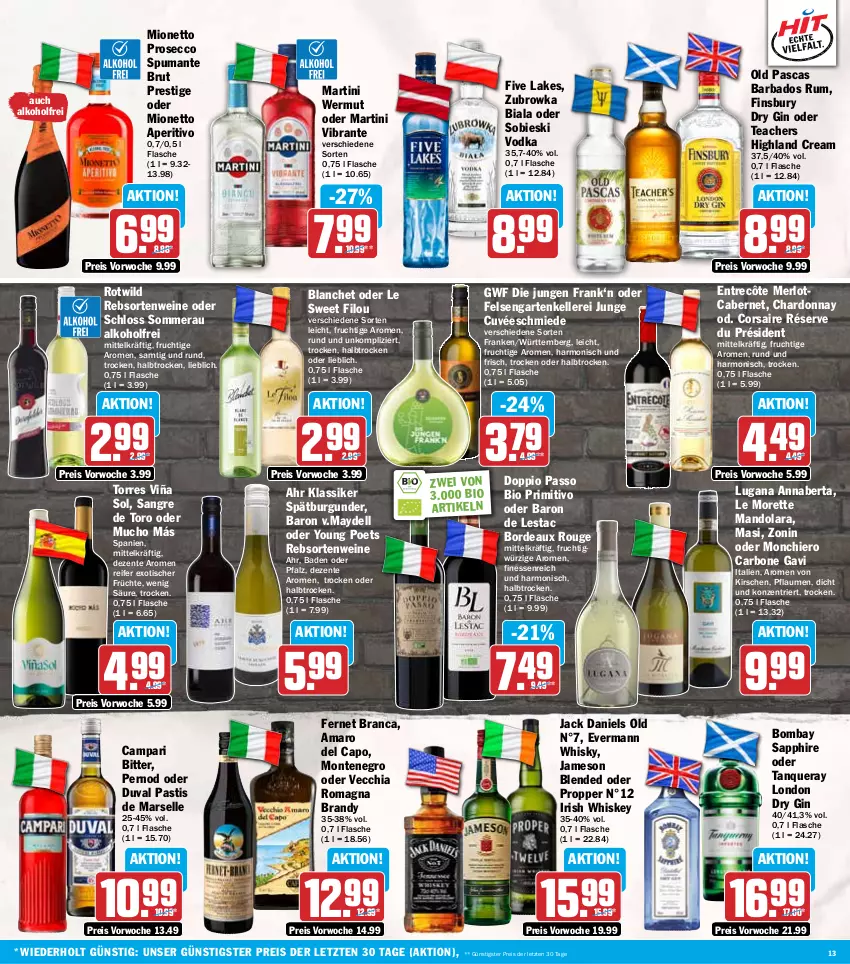 Aktueller Prospekt Hit - Wochenprospekt - von 22.09 bis 27.09.2025 - strona 13 - produkty: alkohol, amaro, Amaro del Capo, asti, Bad, bio, bombay sapphire, brut, burgunder, cabernet, campari, Cap, chardonnay, chia, Corsaire, cuvée, dell, doppio passo, dry gin, ecco, eis, elle, ente, entrecôte, Fernet, fernet branca, finesse, finsbury, flasche, frucht, früchte, Garten, gin, irish whiskey, jack daniel, jack daniels, jameson, kirsch, kirsche, kirschen, london dry, london dry gin, mars, martini, merl, merlot, mionetto, monte, passo, pflaume, pflaumen, primitivo, prosecco, puma, rebsortenweine, reis, rouge, rum, sapphire, spätburgunder, spumante, Tanqueray, Ti, tisch, Vecchia Romagna, vodka, wein, weine, whiskey, whisky, Wild, Yo, zonin, ZTE