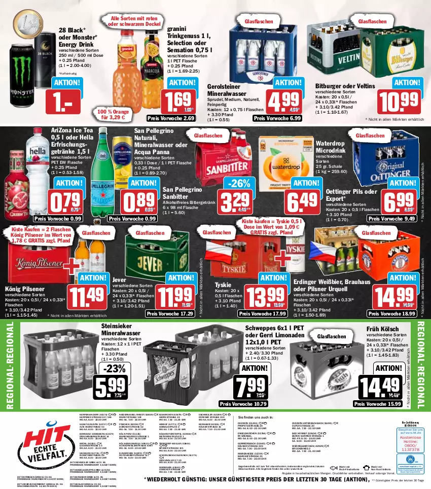 Aktueller Prospekt Hit - Wochenprospekt - von 22.09 bis 27.09.2025 - strona 19 - produkty: alkohol, Alwa, angebot, angebote, auer, Bad, bier, bio, bitburger, braun, burger, decke, Deckel, drink, eimer, eis, elle, energy drink, Engel, erdinger, erfrischungsgetränk, erfrischungsgetränke, fisch, flasche, Früh Kölsch, gerolsteine, gerolsteiner, getränk, getränke, glasflasche, granini, hella, ice tea, jever, könig pilsener, lack, limo, limonade, limonaden, Lübecker, mineralwasser, monster, natur, natura, nuss, oettinger, orange, pils, pilsener, pilsner, pilsner urquell, Rauch, reis, rel, san pellegrino, Schal, Schale, schweppes, Sprudel, steiner, Steinsieker, Ti, tyskie, uhr, veltins, wasser, ZTE