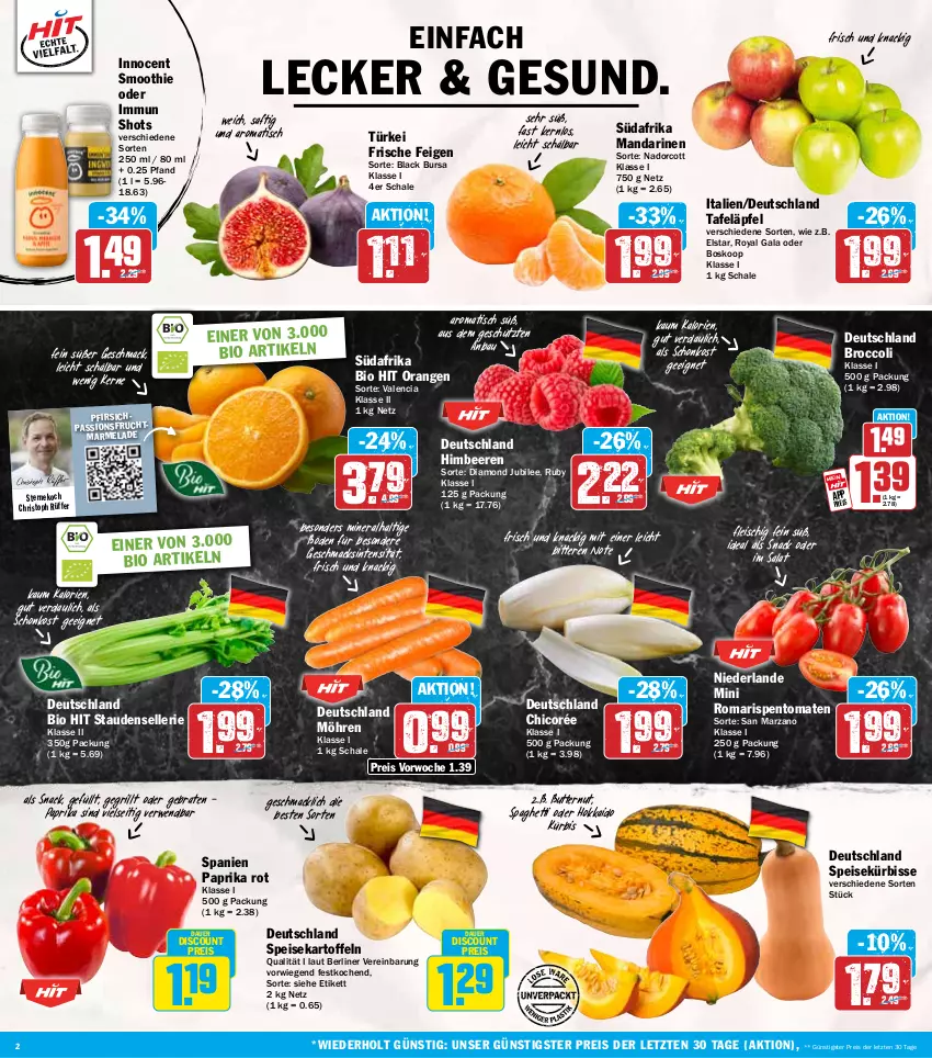 Aktueller Prospekt Hit - Wochenprospekt - von 22.09 bis 27.09.2025 - strona 2 - produkty: auer, Bau, beere, beeren, berliner, bio, bio hit, braten, broccoli, butter, discount, eis, elle, Feigen, fleisch, frucht, grill, himbeer, himbeere, himbeeren, HP, Innocent, kartoffel, kartoffeln, Kürbis, lack, mac, mandarine, mandarinen, marmelade, möhren, orange, orangen, paprika, paprika rot, passionsfrucht, pfirsich, reis, rispentomaten, rwe, saft, salat, Schal, Schale, smoothie, snack, spaghetti, speisekartoffeln, stauden, tafeläpfel, Ti, tisch, tomate, tomaten, ZTE