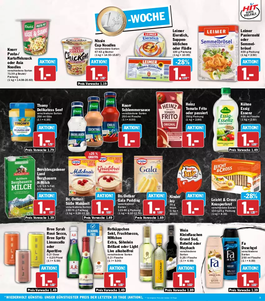 Aktueller Prospekt Hit - Wochenprospekt - von 22.09 bis 27.09.2025 - strona 3 - produkty: alkohol, auer, Bau, Bauer, Becher, beutel, bree, brot, delikatess senf, Dr. Oetker, duschgel, ecco, eier, eimer, eis, essig, fa duschgel, flasche, frucht, fruchtsecco, grand sud, heinz, kartoffel, Kinder, knorr, knorr pasta, Kühne, leimer, limo, maybach, mehl, milch, Nissin, Paniermehl, pasta, pudding, reis, rotkäppchen, sauce, schlemmersauce, sekt, Semmel, Semmelbrösel, senf, snack, söhnlein, söhnlein brillant, suppe, suppen, thomy, Ti, wein, Wild, ZTE