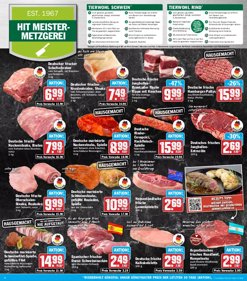 Aktueller Prospekt Hit - Wochenprospekt - von 22.09 bis 27.09.2025 - strona 4 - produkty: auer, Bau, Bauer, beef, bio, braten, Brühe, burger, cevapcici, eis, ente, entrecôte, filet, fleisch, Fleischspieße, Geflügel, gewürz, hackfleisch, hamburger, jungbullen, kalbskotelett, Knödel, kotelett, krustenbraten, küche, Küchen, lamm, lammkotelett, Meister, milch, monitor, Nackensteak, nackensteaks, natur, Nestea, pfeffer, pute, reis, Ria, rind, rinder, rinderhackfleisch, rindfleisch, ring, roastbeef, rouladen, rum, rumpsteak, Schal, Schale, schwein, schweine, schweinefilet, schweinenacken, schweinerücken, Semmel, Semmelknödel, Spezi, Sport, steak, steaks, Ti, Tiere, tisch, wein, weine, wiener, ZTE, zwiebel
