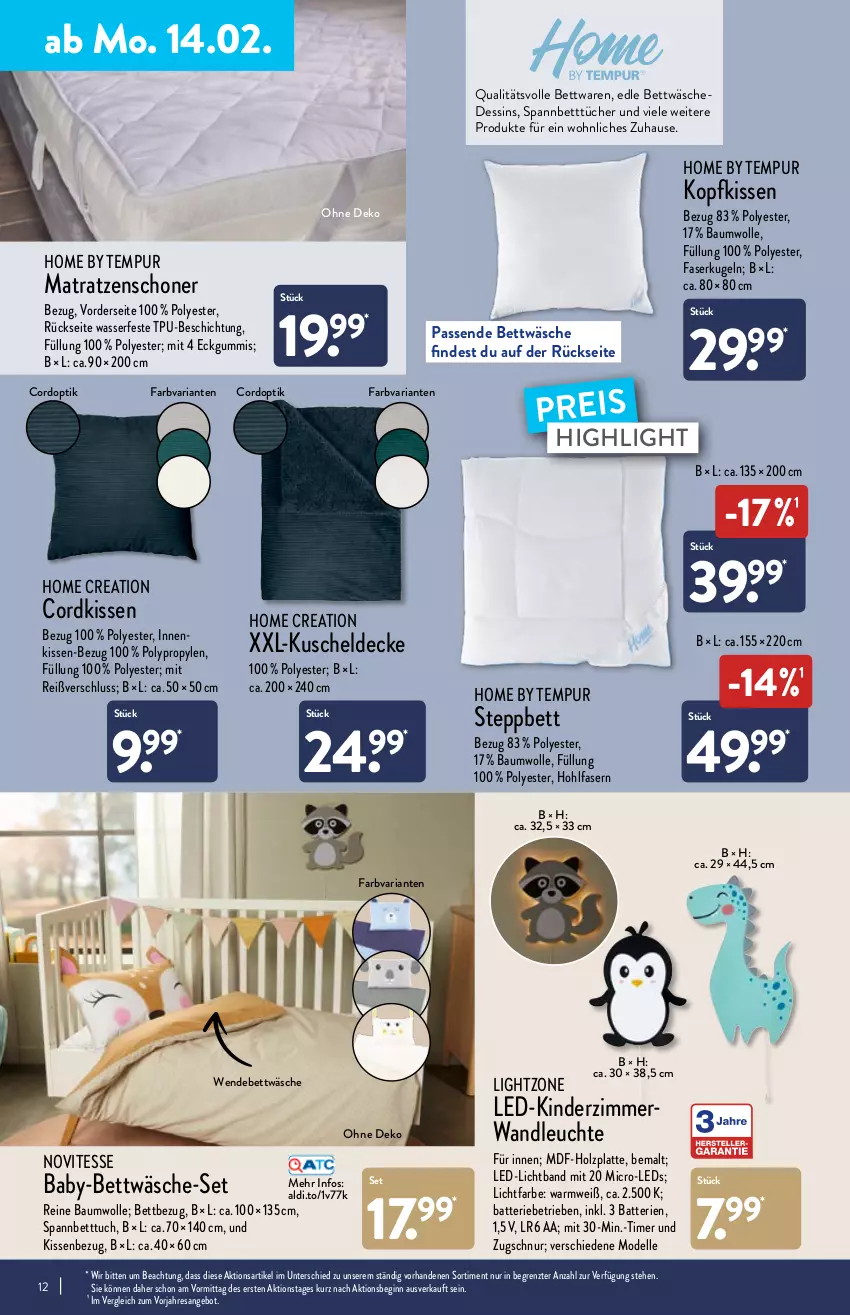 Aktueller Prospekt Aldi Nord - Aldi-Aktuell - von 14.02 bis 19.02.2022 - strona 12 - produkty: aldi, angebot, batterie, batterien, Bau, baumwolle, bett, Betttuch, bettwäsche, decke, dell, eis, elle, gin, Holz, Kinder, Kinderzimmer, kissen, Kissenbezug, kopfkissen, Kugel, kuscheldecke, latte, led-licht, leds, Leuchte, lightzone, matratze, matratzen, Mode, reine baumwolle, reis, resa, Ria, spannbetttuch, steppbett, Ti, timer, tuc, tücher, wasser, wendebettwäsche, wolle, ZTE