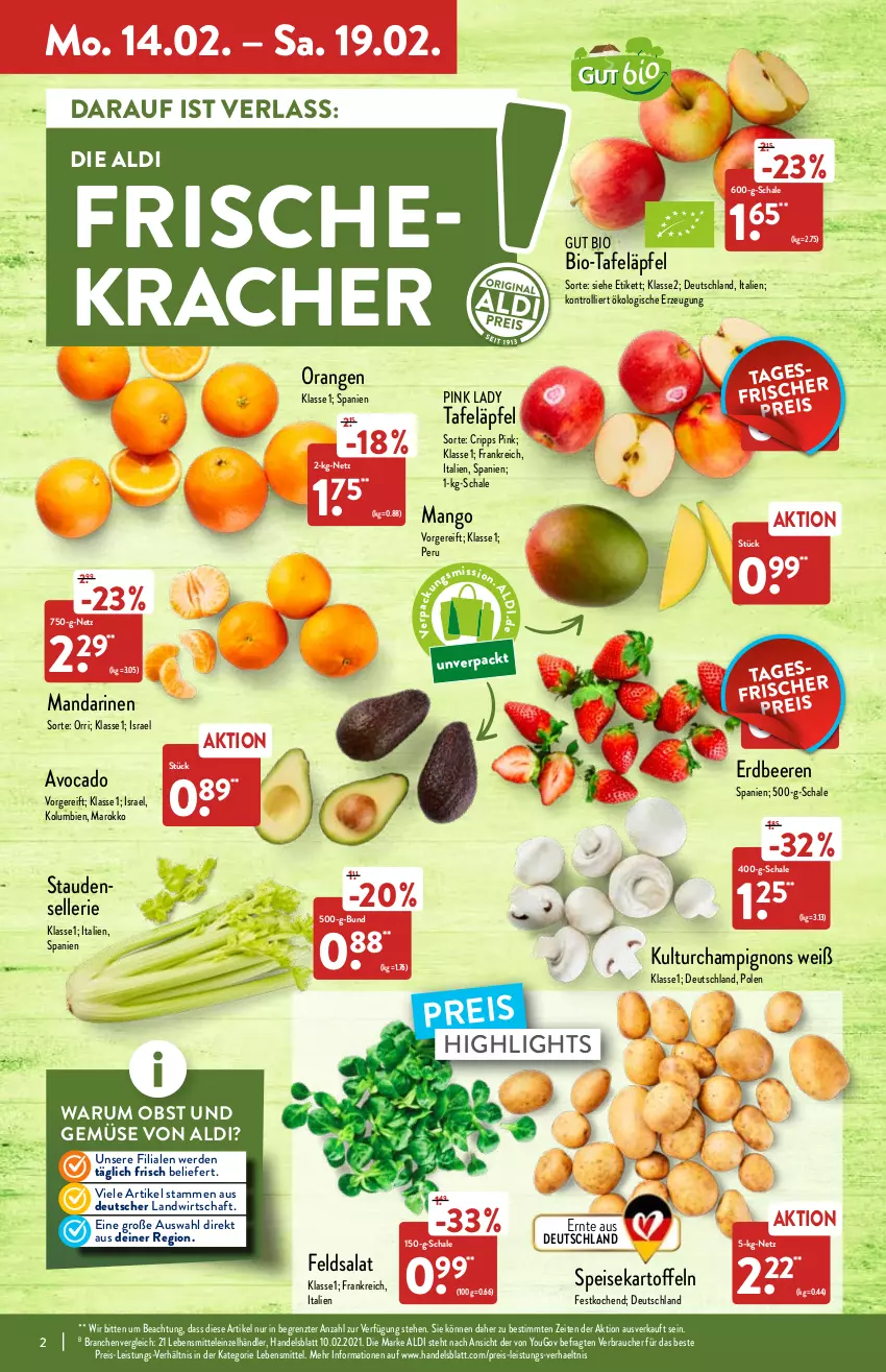 Aktueller Prospekt Aldi Nord - Aldi-Aktuell - von 14.02 bis 19.02.2022 - strona 2 - produkty: aldi, avocado, beere, beeren, bio, champignon, champignons, eis, elle, erdbeere, erdbeeren, erde, feldsalat, kartoffel, kartoffeln, kracher, lebensmittel, mandarine, mandarinen, mango, obst, Obst und Gemüse, orange, orangen, Pink Lady, Rauch, reis, rum, salat, Schal, Schale, speisekartoffeln, stauden, tafeläpfel, Ti, trolli, und gemüse, Yo, ZTE