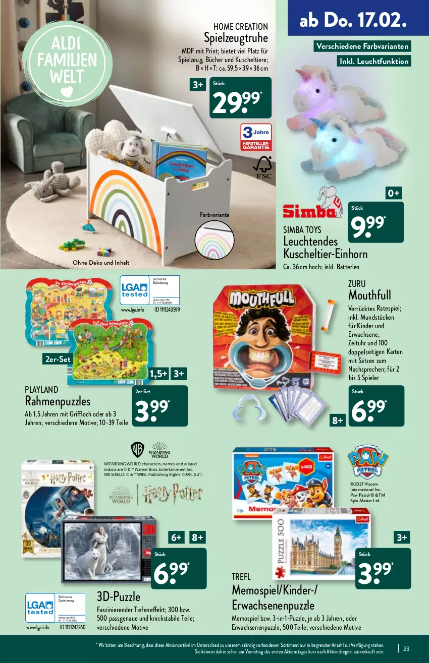 Aktueller Prospekt Aldi Nord - Aldi-Aktuell - von 14.02 bis 19.02.2022 - strona 23 - produkty: batterie, batterien, ente, gin, Kinder, Kuscheltiere, Leuchte, leuchten, LG, Paw Patrol, Puzzle, rel, Ria, sim, simba, Spiele, spielzeug, Ti, Tiere, uhr, ZTE