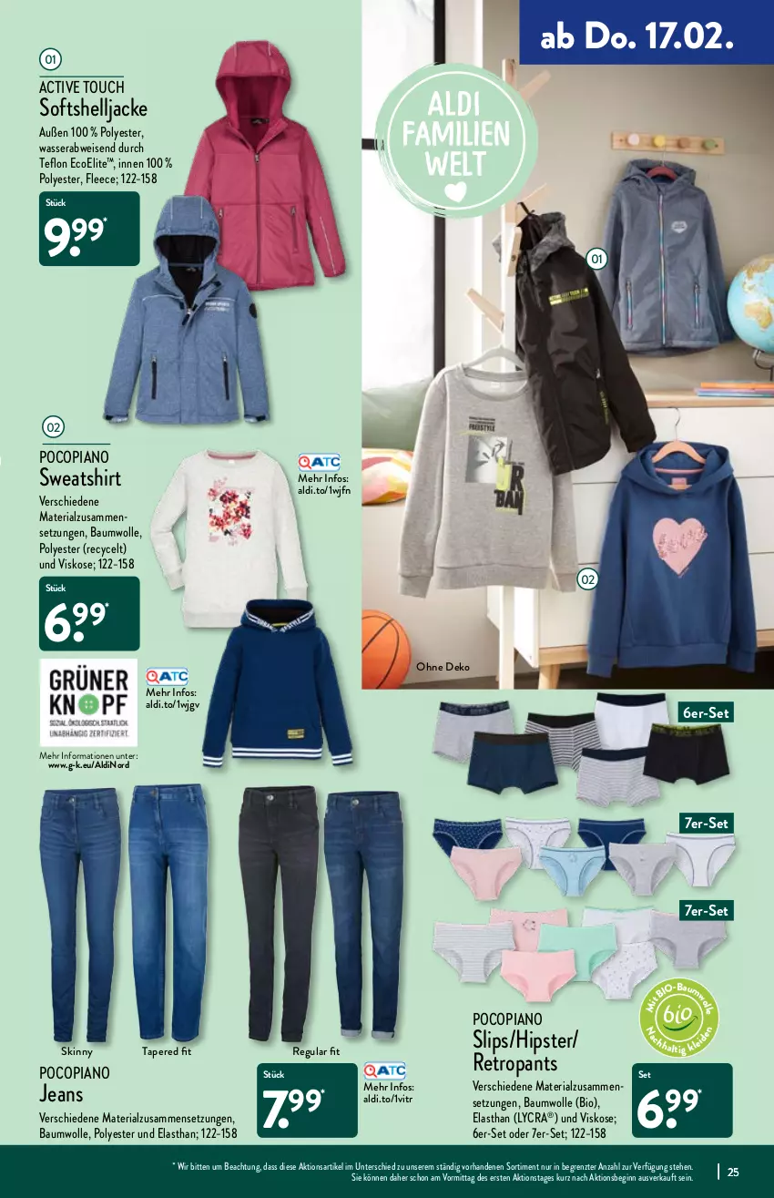 Aktueller Prospekt Aldi Nord - Aldi-Aktuell - von 14.02 bis 19.02.2022 - strona 25 - produkty: active touch, aldi, Bau, baumwolle, bio, eis, gin, Jacke, jeans, Pants, pocopiano, Retropants, Ria, shirt, slip, slips, Sweatshirt, Ti, wasser, wolle, ZTE