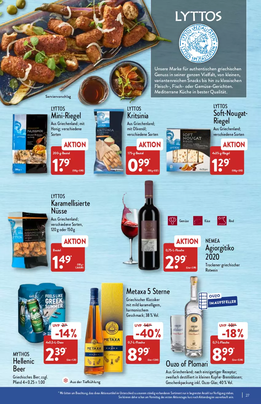 Aktueller Prospekt Aldi Nord - Aldi-Aktuell - von 14.02 bis 19.02.2022 - strona 27 - produkty: aus der tiefkühlung, beutel, bier, eis, elle, fisch, flasche, fleisch, geschenkpackung, gin, honig, karamell, Käse, küche, leine, mac, Metaxa, Mythos, nuss, olive, oliven, olivenöl, ouzo, rezept, Ria, riegel, rind, rotwein, snack, snacks, teller, Ti, tisch, wein, ZTE