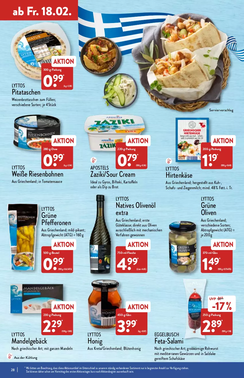 Aktueller Prospekt Aldi Nord - Aldi-Aktuell - von 14.02 bis 19.02.2022 - strona 28 - produkty: apostels, beutel, Bifteki, Blüte, blütenhonig, bohne, bohnen, brot, dip, feta, flasche, gewürz, gin, grüne oliven, gyros, hirtenkäse, honig, kartoffel, kartoffeln, Käse, LG, mandel, mandeln, milch, natives olivenöl, olive, oliven, olivenöl, olivenöl extra, pfeffer, pfefferonen, Rohwurst, salami, salz, sauce, schafskäse, sour cream, Tasche, taschen, Ti, tomate, tomaten, tomatensauce, Weizenbrot, wurst, zaziki, ZTE