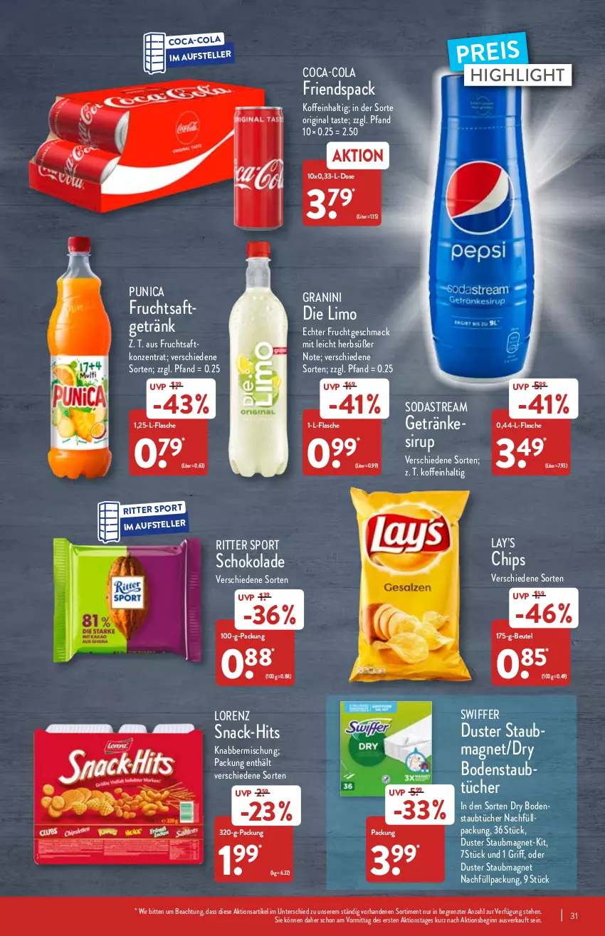 Aktueller Prospekt Aldi Nord - Aldi-Aktuell - von 14.02 bis 19.02.2022 - strona 31 - produkty: beutel, chips, coca-cola, cola, eis, elle, flasche, frucht, fruchtsaft, fruchtsaftgetränk, getränk, getränke, getränkesirup, gin, granini, limo, lorenz, mac, punica, reis, ritter, ritter sport, saft, schoko, schokolade, sirup, snack, Soda, sodastream, Sport, staubmagnet, swiffer, teller, Ti, tücher, ZTE