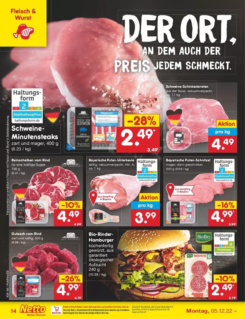 Aktueller Prospekt Netto Marken-Discount - Filial-Angebote - von 05.12 bis 10.12.2022 - strona 16 - produkty: bestpreis, bio, braten, burger, eis, fleisch, gewürz, gulasch, hamburger, küche, Küchen, minutensteaks, ndk, nuss, pute, reis, rind, rinder, saft, schinken, schinkenbraten, schnitten, schnitzel, schwein, schweine, steak, steaks, suppe, Ti, wein, weine, wurst, wurst in selbstbedienung