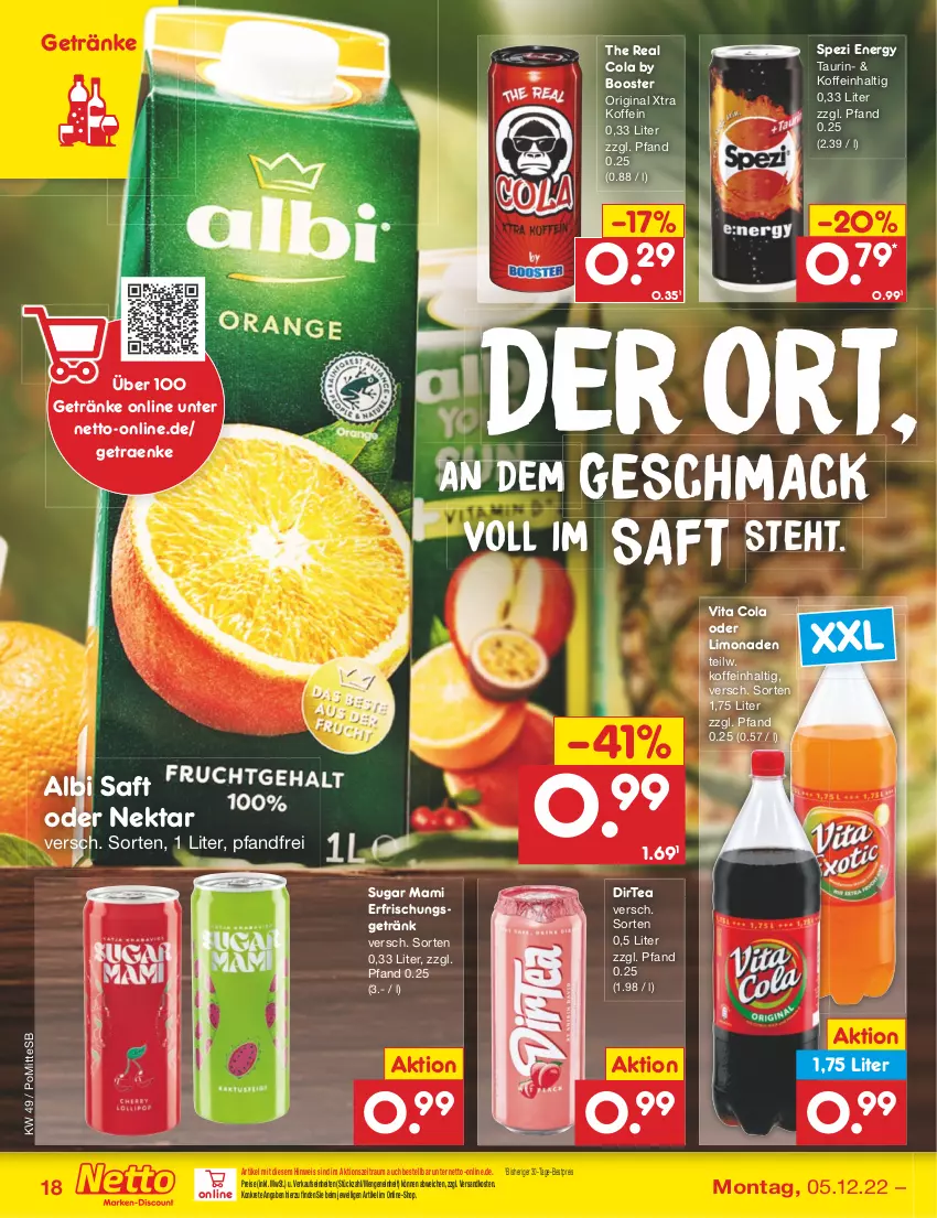 Aktueller Prospekt Netto Marken-Discount - Filial-Angebote - von 05.12 bis 10.12.2022 - strona 20 - produkty: bestpreis, cola, eis, erfrischungsgetränk, getränk, getränke, gin, limo, limonade, limonaden, mac, mam, ndk, Nektar, reis, saft, Spezi, Ti, vita, Vita C