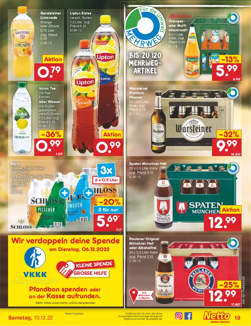 Aktueller Prospekt Netto Marken-Discount - Filial-Angebote - von 05.12 bis 10.12.2022 - strona 21 - produkty: alkohol, angebot, bestpreis, bier, Biere, eis, eistee, frucht, gerolsteine, gerolsteiner, gin, leine, limo, limonade, lipton, mac, mit frucht, Multivitaminsaft, oder radler, orange, orangen, Paula, paulaner, pils, pilsener, premium pils, radler, reis, rwe, saft, Spaten, steiner, tee, Ti, vita, volvic, warsteiner, wasser, zitrone, ZTE