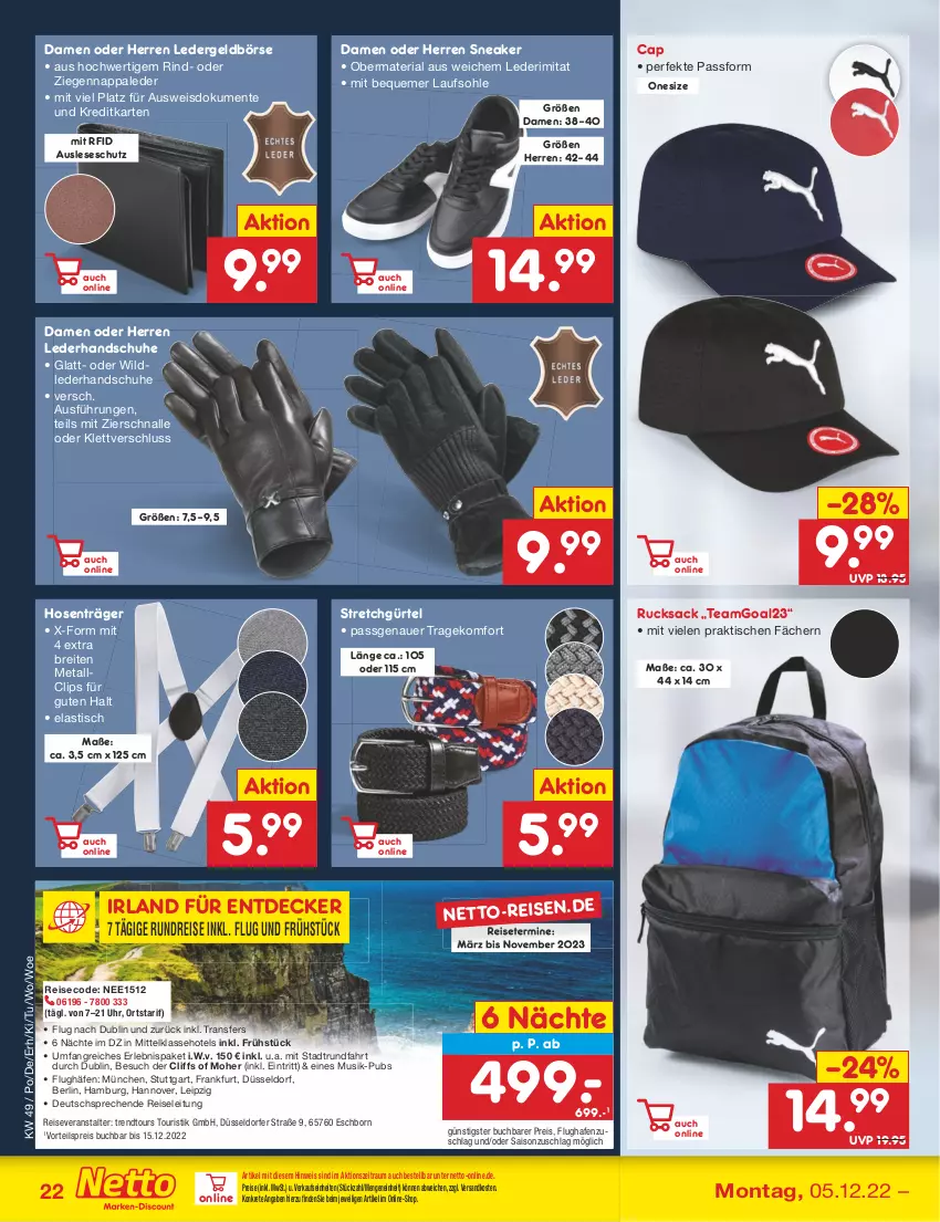 Aktueller Prospekt Netto Marken-Discount - Filial-Angebote - von 05.12 bis 10.12.2022 - strona 24 - produkty: asti, auer, Brei, buch, Cap, decke, eis, ente, Geldbörse, handschuhe, hose, hosen, ndk, reis, reiseveranstalter, Ria, rind, rucksack, sac, schuhe, sneaker, Ti, tisch, trendtours touristik gmbh, uhr, vorteilspreis, Wild