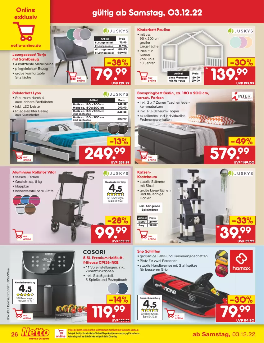 Aktueller Prospekt Netto Marken-Discount - Filial-Angebote - von 05.12 bis 10.12.2022 - strona 28 - produkty: Bau, bett, boxspringbett, buch, eis, elle, ente, federkern, federkernmatratze, fritteuse, Heißluftfritteuse, kernmatratze, Kinder, Kinderbett, Kratzbaum, Liege, loungesessel, matratze, matratzen, ndk, ohne matratze, polsterbett, reis, rezept, ring, Schlitten, sessel, Tasche, taschen, taschenfederkernmatratze, Ti, topper, vita, Yo