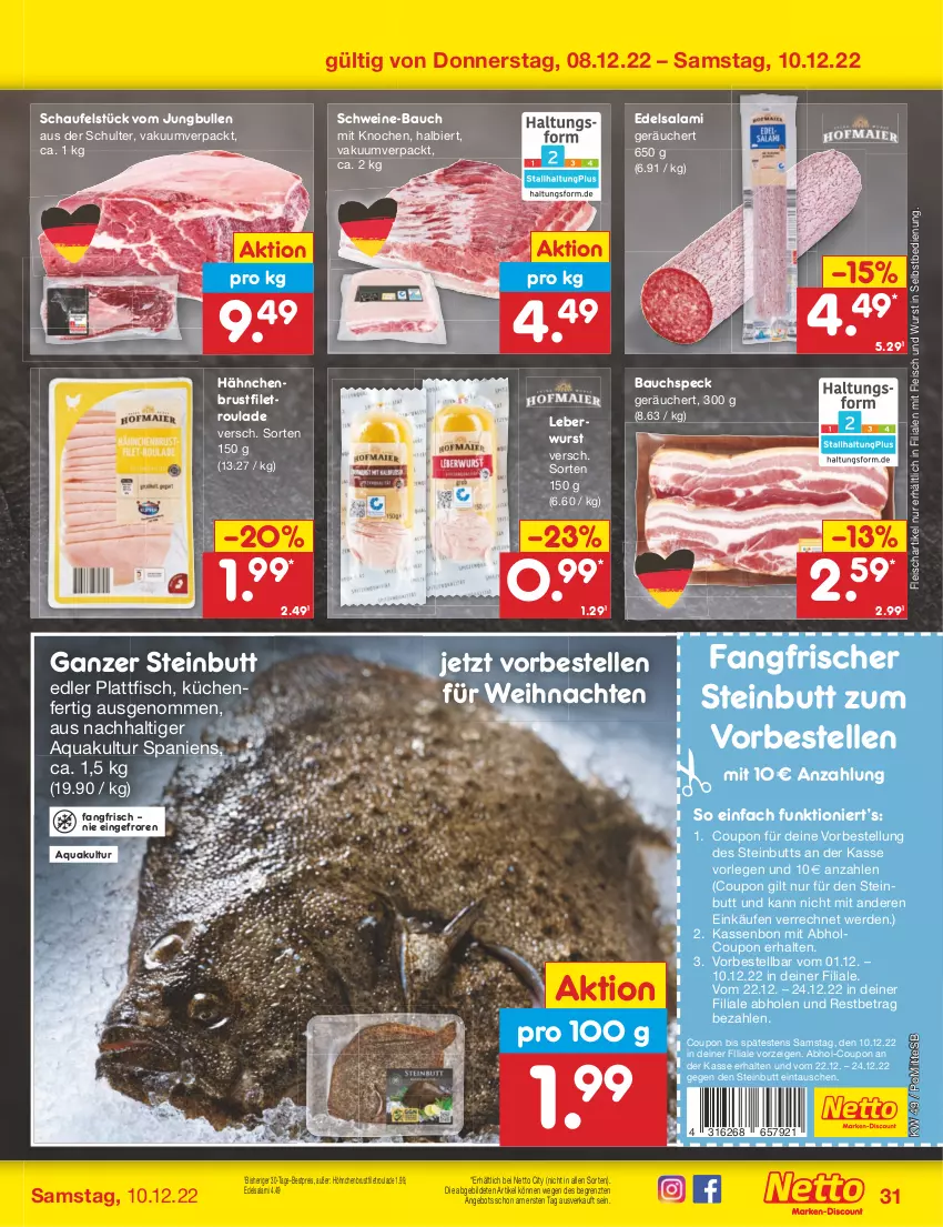 Aktueller Prospekt Netto Marken-Discount - Filial-Angebote - von 05.12 bis 10.12.2022 - strona 33 - produkty: angebot, aqua, Bau, bestpreis, bier, brustfilet, coupon, Edelsalami, eis, elle, erde, filet, fisch, fleisch, hähnchenbrust, hähnchenbrustfilet, jungbullen, küche, Küchen, leberwurst, reis, salami, schwein, schweine, schweine-bauch, Speck, Ti, weihnachten, wein, weine, wurst, wurst in selbstbedienung, ZTE