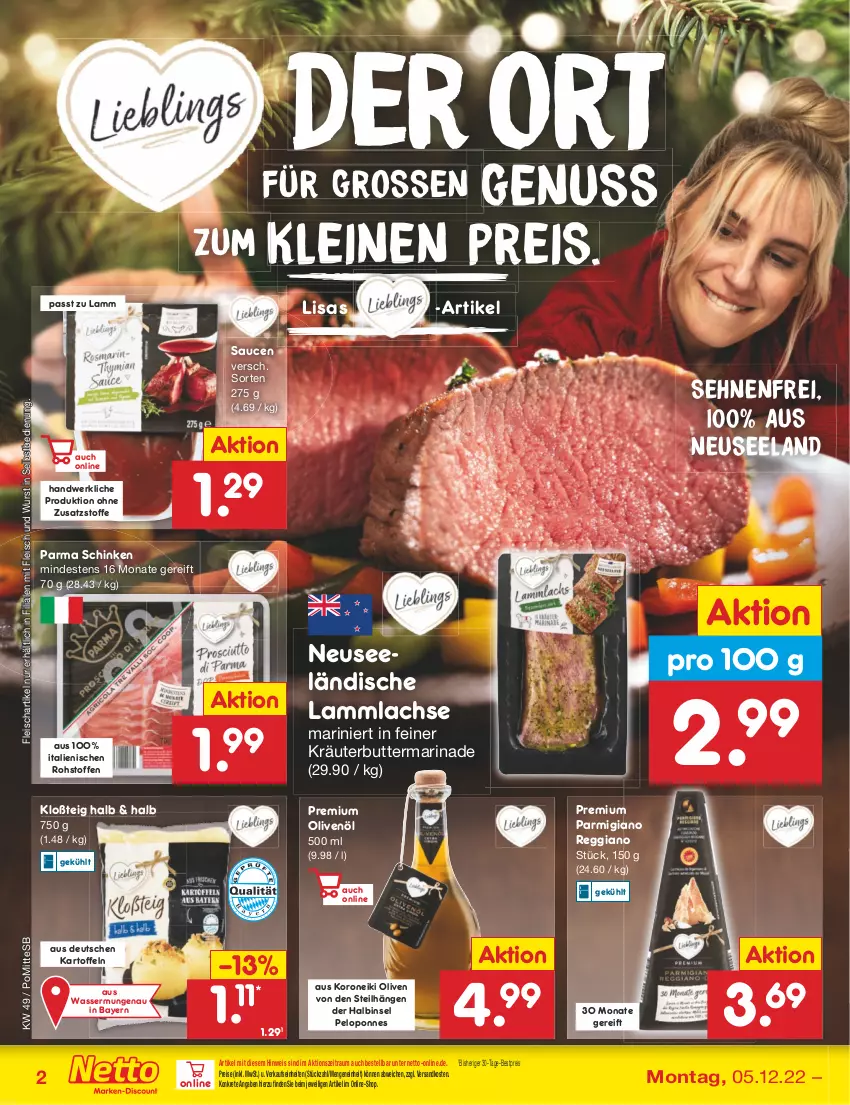 Aktueller Prospekt Netto Marken-Discount - Filial-Angebote - von 05.12 bis 10.12.2022 - strona 4 - produkty: bestpreis, butter, eis, Elan, fleisch, kartoffel, kartoffeln, kräuter, kräuterbutter, lachs, lamm, lammlachse, leine, marinade, ndk, nuss, olive, oliven, olivenöl, parmigiano, parmigiano reggiano, reggiano, reis, sauce, saucen, schinken, Ti, wasser, wurst, wurst in selbstbedienung