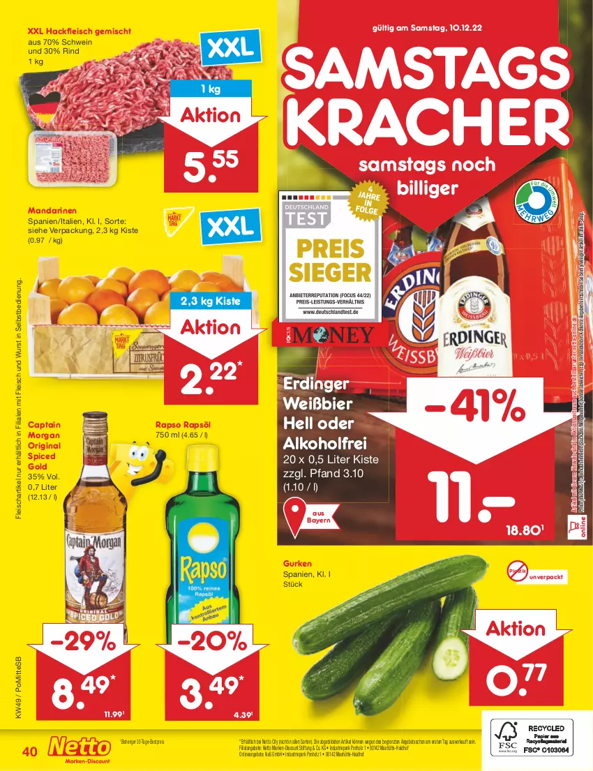 Aktueller Prospekt Netto Marken-Discount - Filial-Angebote - von 05.12 bis 10.12.2022 - strona 42 - produkty: alkohol, angebot, angebote, asti, bestpreis, bier, Cap, captain morgan, discount, eis, erdinger, fleisch, gin, gurke, gurken, hackfleisch, hackfleisch gemischt, Holz, kracher, mandarine, mandarinen, marken-discount, ndk, original spiced gold, rapso, rapsöl, reis, rind, schwein, Ti, wein, wurst, wurst in selbstbedienung, ZTE