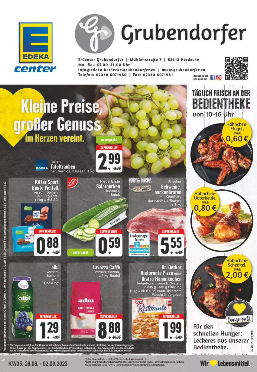 Aktueller Prospekt E Center - Angebote der Woche - von 28.08 bis 02.09.2023 - strona 1 - produkty: angebot, beutel, braten, caffe, cola, decke, deka, Dr. Oetker, eis, elle, ente, erde, flammkuchen, gurke, gurken, HP, kuchen, lamm, lavazza, lebensmittel, reis, ristorante, salat, Salatgurke, salatgurken, schwein, schweine, schweinenacken, Sport, tafeltrauben, tee, telefon, teller, Ti, trauben, uhr, wein, weine, ZTE