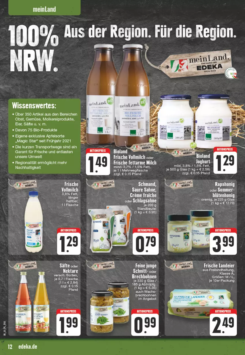 Aktueller Prospekt E Center - Angebote der Woche - von 28.08 bis 02.09.2023 - strona 12 - produkty: aktionspreis, angebot, apfel, beutel, bio, bioland, Blüte, blütenhonig, bohne, bohnen, eier, eis, flasche, honig, joghur, joghurt, milch, molkereiprodukte, Nektar, obst, reis, rwe, säfte, sahne, schmand, Sport, Ti, vollmilch