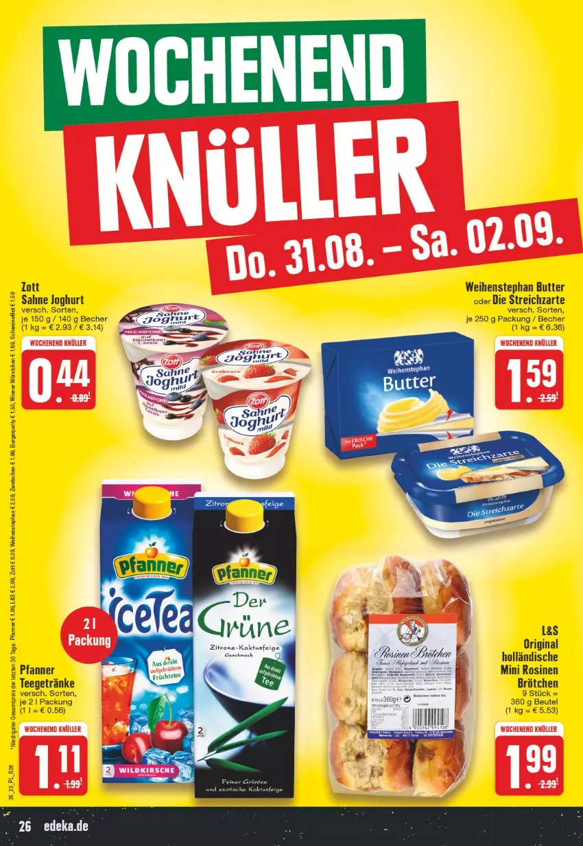 Aktueller Prospekt E Center - Angebote der Woche - von 28.08 bis 02.09.2023 - strona 26 - produkty: Becher, beutel, brötchen, burger, butter, eis, filet, früchte, Früchtetee, getränk, getränke, gin, joghur, joghurt, pfanne, Pfanner, reis, sahne, sahne joghurt, schwein, schweine, schweinefilet, tee, weihenstephan, wein, weine, wiener, wiener würstchen, würstchen, zott