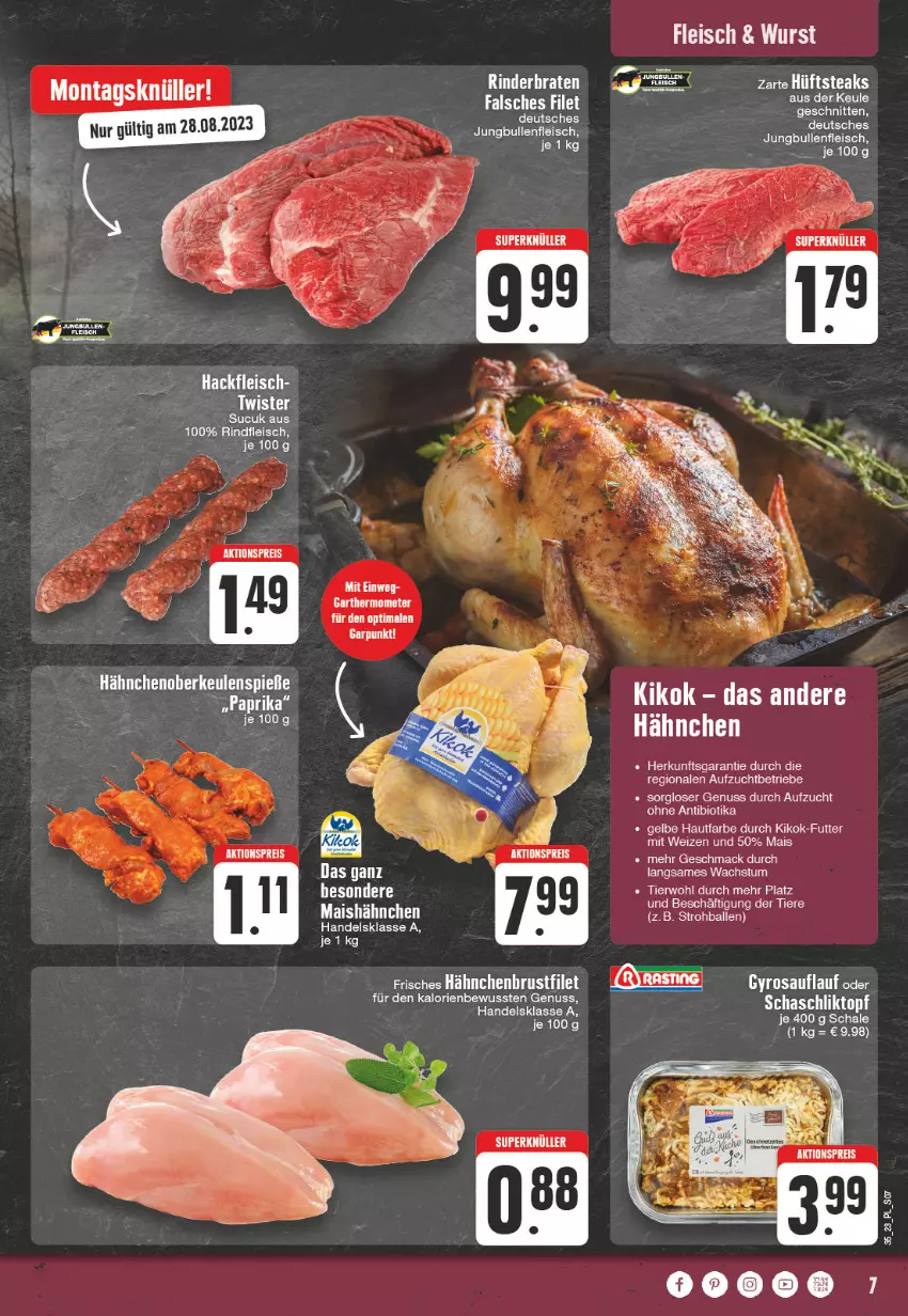 Aktueller Prospekt E Center - Angebote der Woche - von 28.08 bis 02.09.2023 - strona 7 - produkty: ball, bio, brustfilet, eis, Falsches Filet, filet, fleisch, gyros, hackfleisch, hähnchenbrust, hähnchenbrustfilet, jungbullen, mac, mais, nuss, rind, rindfleisch, Schal, Schale, schnitten, Sucuk, Ti, Tiere, topf, wurst