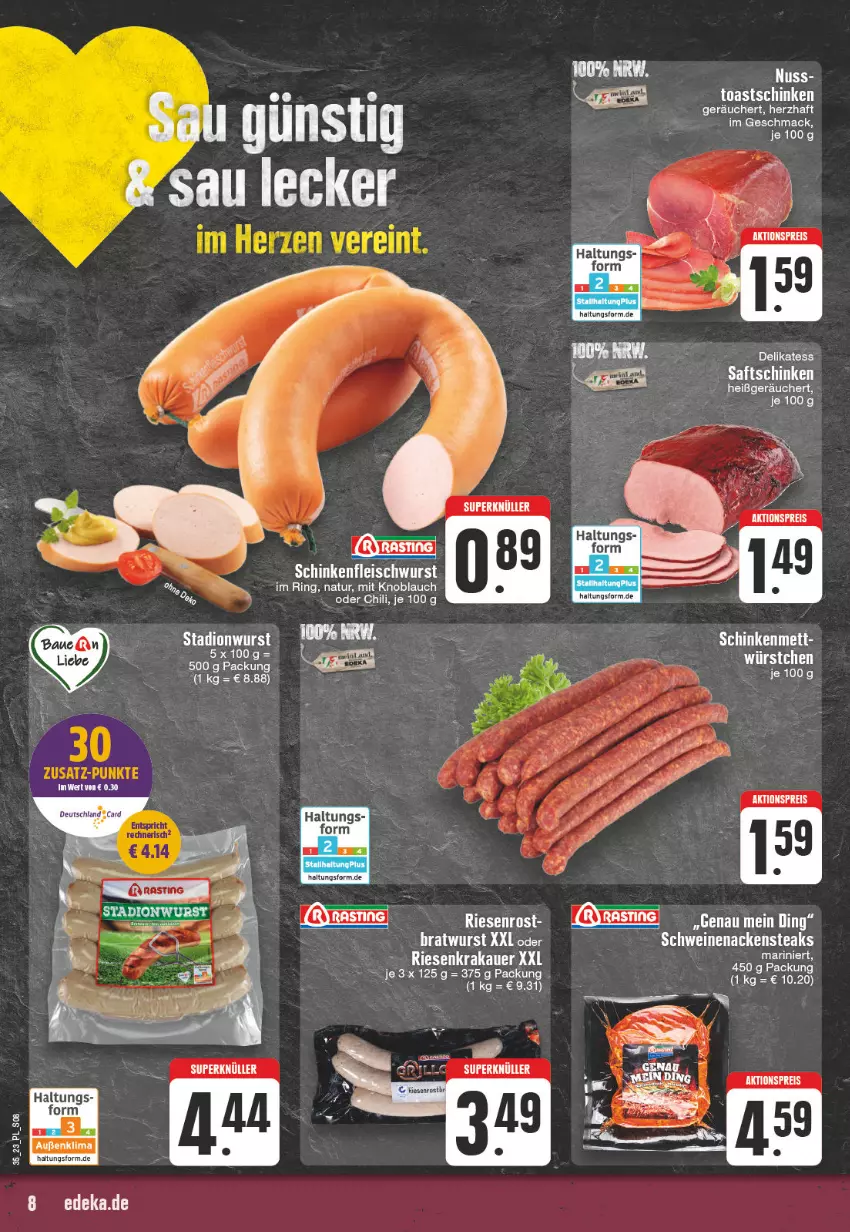 Aktueller Prospekt E Center - Angebote der Woche - von 28.08 bis 02.09.2023 - strona 8 - produkty: aktionspreis, auer, chili, eis, knoblauch, krakauer, Mett, mit knoblauch, Nackensteak, nackensteaks, natur, reis, ring, schinken, schwein, schweine, schweinenacken, steak, steaks, Ti, toast, Toastschinken, wein, weine, wurst, würstchen