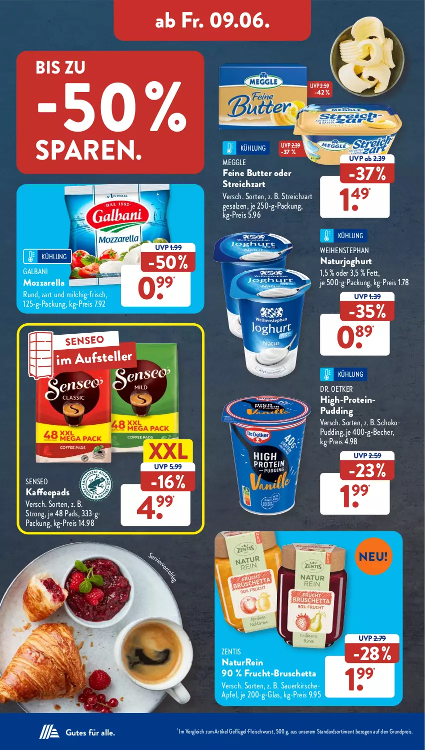 Aktueller Prospekt AldiSud - NÄCHSTE WOCHE - von 05.06 bis 10.06.2023 - strona 34 - produkty: apfel, auer, Becher, butter, Dr. Oetker, eis, elle, fleisch, fleischwurst, frucht, galbani, Geflügel, Geflügel-Fleischwurst, je 250-g-packung, joghur, joghurt, kaffee, kaffeepads, kirsch, kirsche, meggle, milch, mozzarella, natur, naturjoghurt, pudding, reis, rel, salz, schoko, senseo, Streichzart, teller, Ti, weihenstephan, wurst, zentis