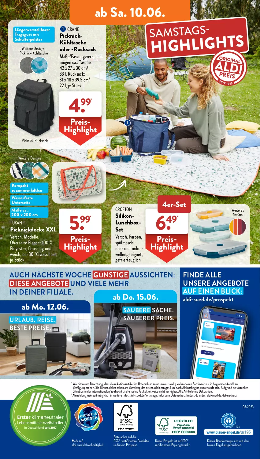 Aktueller Prospekt AldiSud - NÄCHSTE WOCHE - von 05.06 bis 10.06.2023 - strona 44 - produkty: aldi, alle artikel ohne dekoration, angebot, angebote, Crofton, decke, dekoration, dell, drucker, eis, elle, Engel, gin, kerze, kühltasche, lebensmittel, lunchbox, mikrowelle, Mode, papier, picknickdecke, reis, rucksack, sac, spülmaschinen, Tasche, Ti, wasser, ZTE