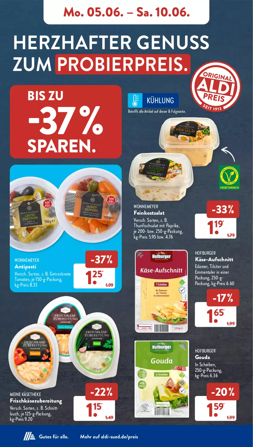 Aktueller Prospekt AldiSud - NÄCHSTE WOCHE - von 05.06 bis 10.06.2023 - strona 7 - produkty: aldi, antipasti, asti, aufschnitt, bier, burger, edamer, eis, emmentaler, feinkost, fisch, frischkäse, frischkäsezubereitung, Getrocknete Tomaten, gouda, Käse, käsetheke, LG, mit paprika, nuss, paprika, reis, salat, schnittlauch, thunfisch, Thunfischsalat, Ti, Tilsiter, tomate, tomaten