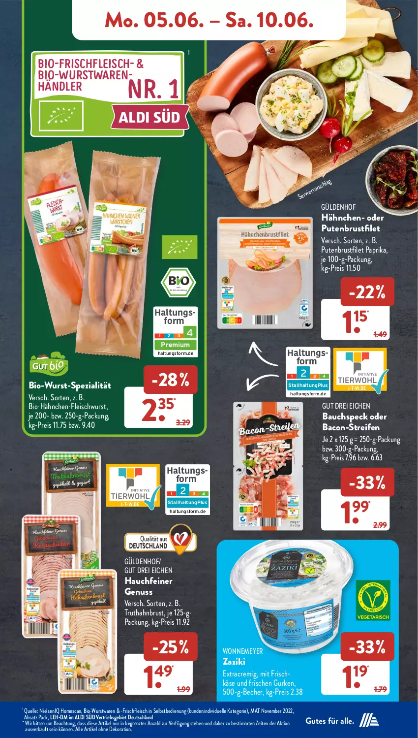 Aktueller Prospekt AldiSud - NÄCHSTE WOCHE - von 05.06 bis 10.06.2023 - strona 8 - produkty: aldi, alle artikel ohne dekoration, bacon, Bau, Becher, bio, brustfilet, dekoration, eis, elle, filet, fleisch, fleisch in selbstbedienung, fleischwurst, frischkäse, gurke, gurken, Käse, nuss, paprika, pute, putenbrust, putenbrustfilet, reifen, reis, Speck, Spezi, Ti, truthahn, wurst, zaziki, ZTE