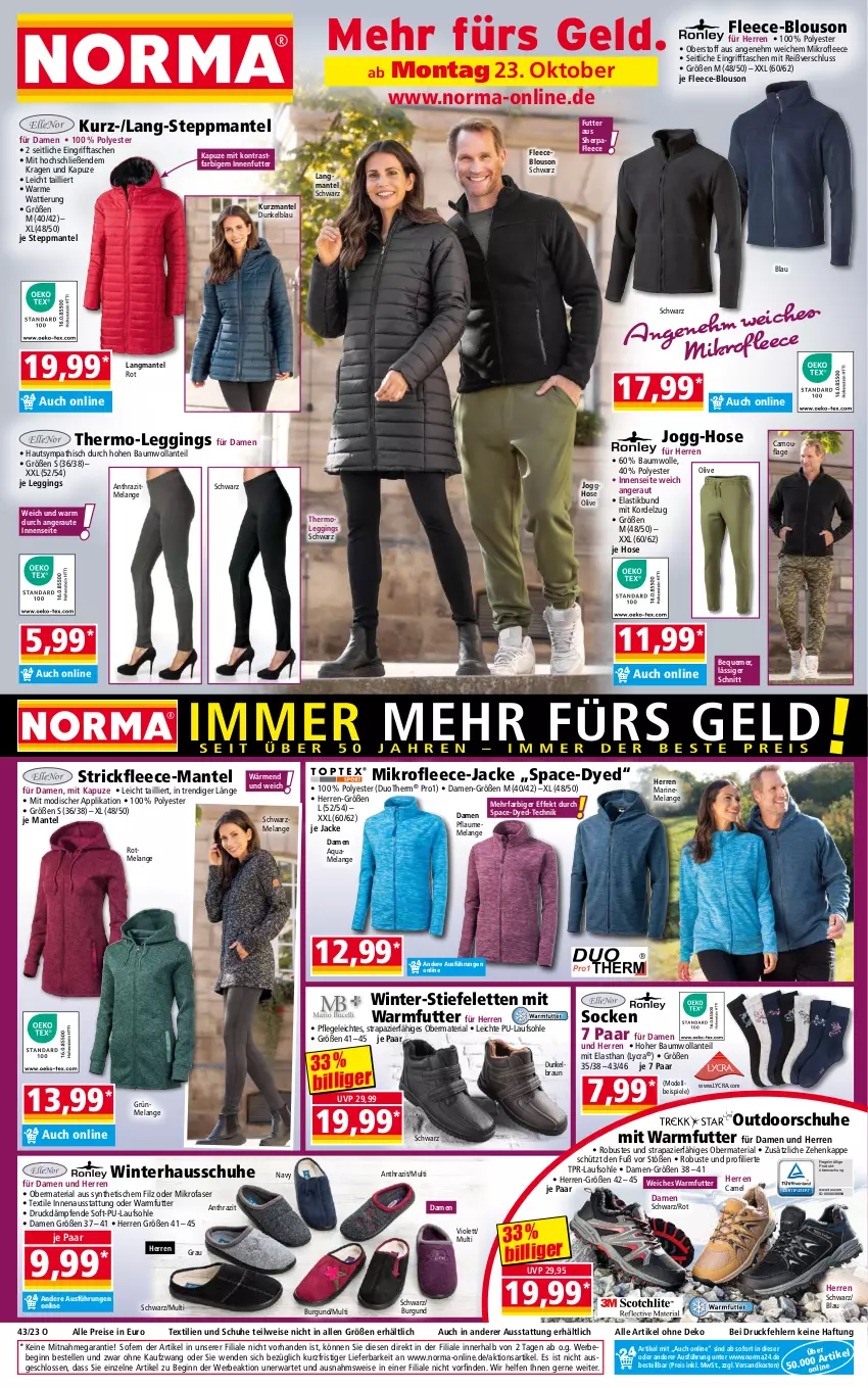 Aktueller Prospekt Norma - Norma - von 23.10 bis 30.10.2023 - strona 1 - produkty: aqua, asti, Bau, baumwolle, Bebe, braun, dell, eis, Elan, elle, gin, Hausschuhe, hose, Jacke, leggings, Mantel, mikrofaser, Mode, ndk, olive, pflaume, reis, Ria, schuhe, socken, Spiele, Steppmante, Stiefeletten, Tasche, taschen, Thermoleggings, Ti, tisch, wolle