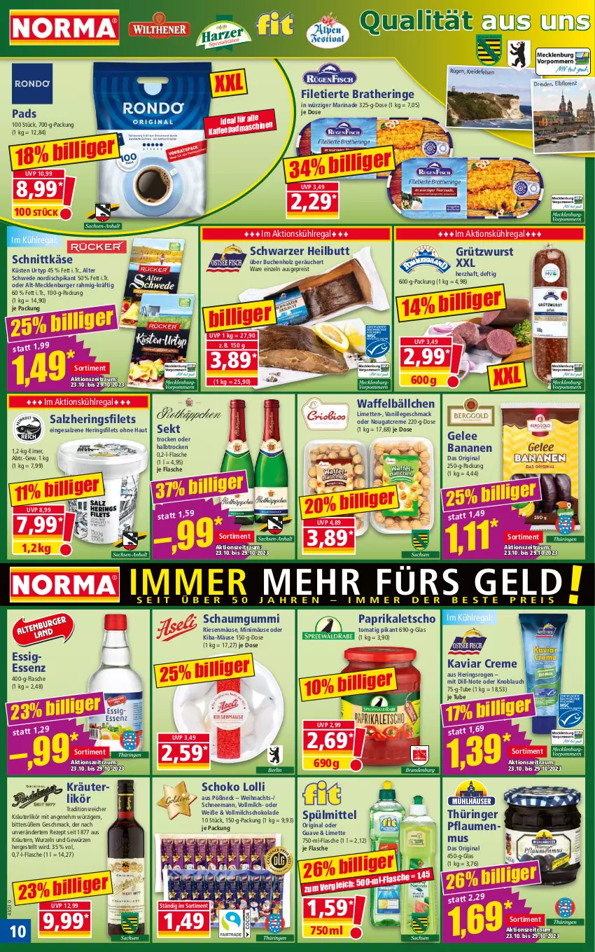 Aktueller Prospekt Norma - Norma - von 23.10 bis 30.10.2023 - strona 10 - produkty: banane, bananen, Bratheringe, buch, burger, creme, eimer, eis, essig, filet, Filetierte Bratheringe, filets, flasche, gelee, gewürz, gin, Guave, hering, Herings, heringsfilets, Holz, HP, kaffee, Käse, knoblauch, kräuter, kräuterlikör, kräutern, Kreide, kühlregal, Letscho, likör, limette, limetten, lorenz, mac, marinade, Mett, metten, milch, Nougatcreme, paprika, pflaume, pflaumen, pflaumenmus, regal, reis, rezept, ring, salz, schnittkäse, schoko, schokolade, sekt, spülmittel, Ti, urtyp, vanille, vollmilch, wurst