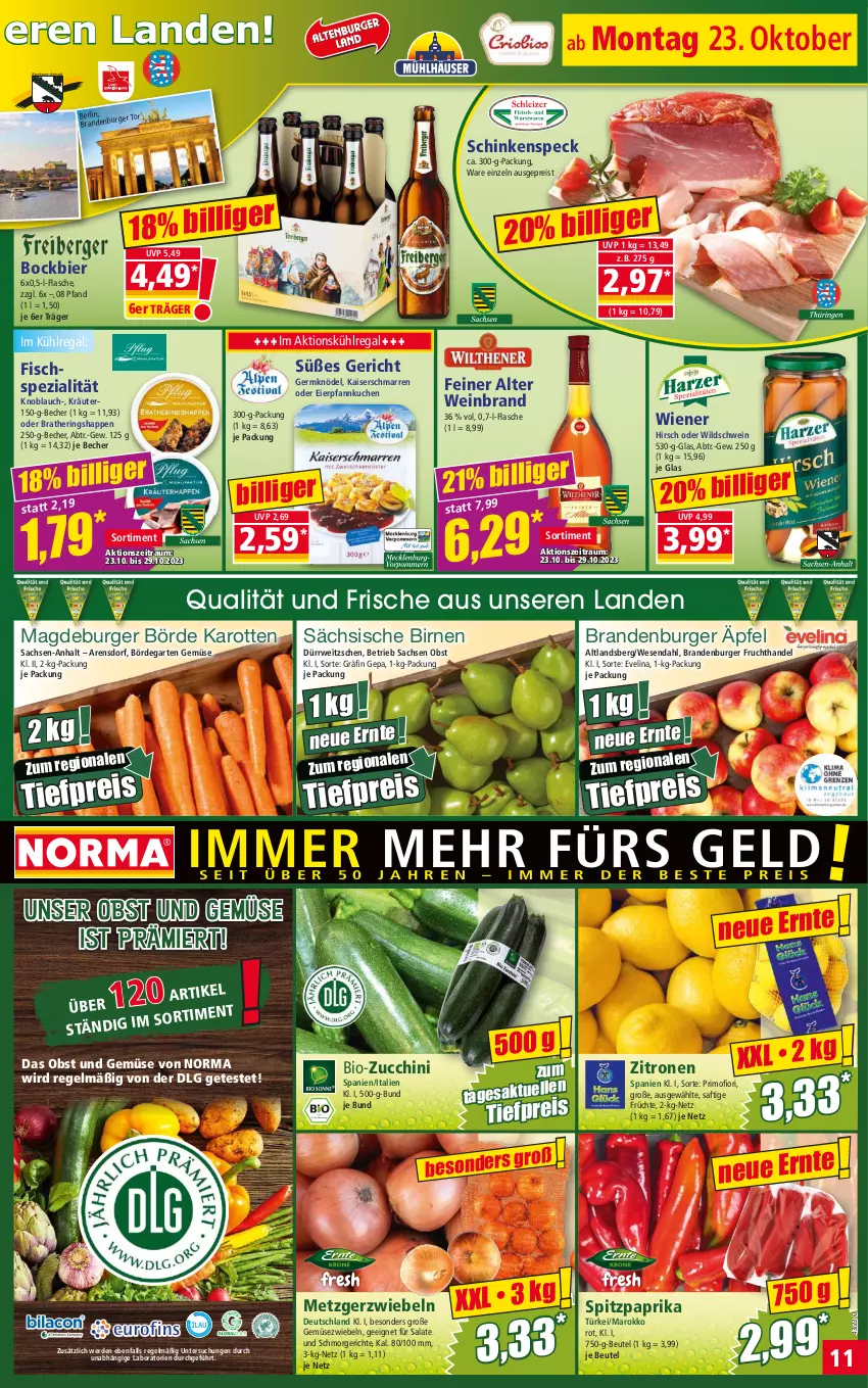 Aktueller Prospekt Norma - Norma - von 23.10 bis 30.10.2023 - strona 11 - produkty: Becher, beutel, bier, bio, bio-zucchini, Birnen, Brandenburger äpfel, burger, eier, eis, elle, erde, fisch, flasche, frucht, früchte, Garten, Gemüsezwiebel, Germ, hering, Herings, Heringshappen, Kaiser, karotten, knoblauch, Knödel, kräuter, kuchen, kühlregal, LG, obst, Obst und Gemüse, paprika, Pfannkuchen, regal, reis, ring, rwe, sac, saft, salat, salate, schinken, schinkenspeck, schwein, Speck, Spezi, Spitzpaprika, Ti, tiefpreis, und gemüse, wein, weinbrand, wiener, Wild, Wildschwein, zitrone, zitronen, zucchini, zwiebel, zwiebeln