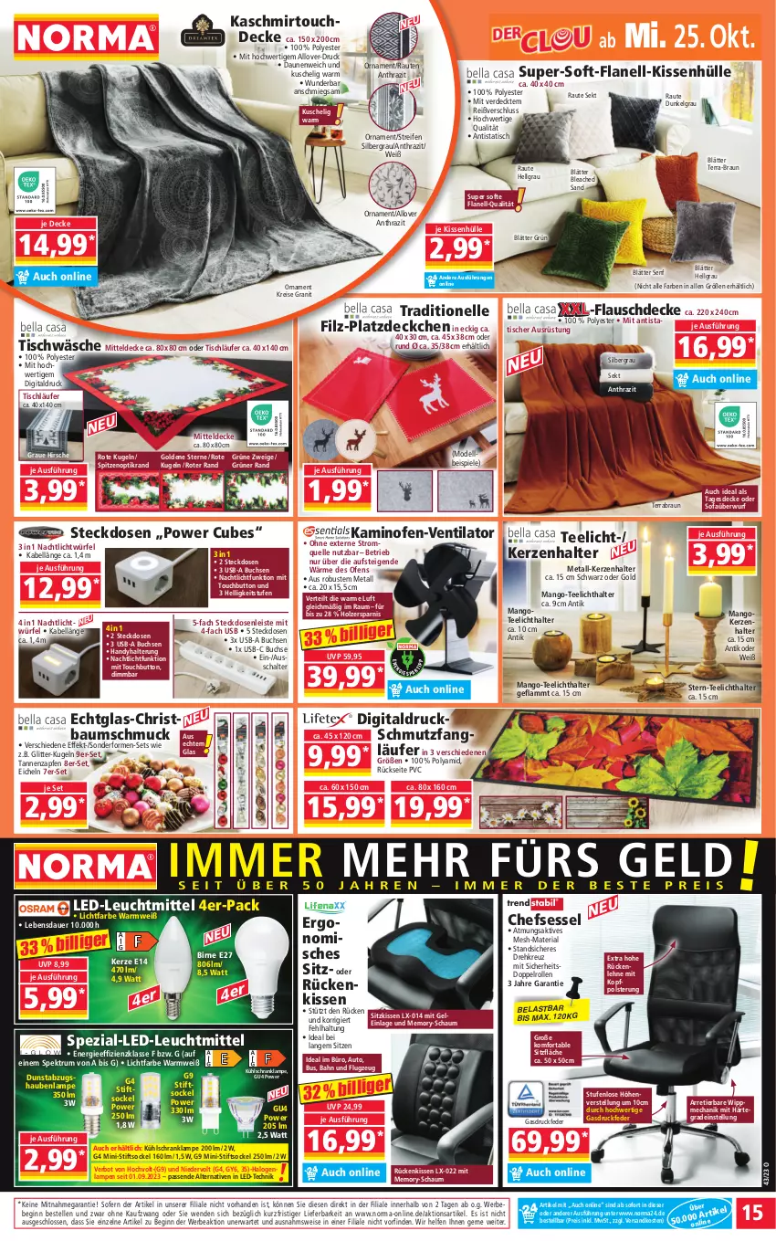 Aktueller Prospekt Norma - Norma - von 23.10 bis 30.10.2023 - strona 15 - produkty: abzugshaube, auer, auto, Bau, Baumschmuck, Bebe, braun, buch, chefsessel, decke, dell, dunstabzug, dunstabzugshaube, eis, elle, erde, gin, Handy, Holz, Kamin, Kaminofen, kerze, Kerzenhalter, kissen, kissenhülle, Kugel, kühlschrank, lamm, Lampe, Läufer, leuchtmittel, LG, mango, mitteldecke, Mode, Nachtlicht, ndk, Ofen, Platzdeckchen, reifen, reis, Ria, Rückenkissen, rückenlehne, rum, Schal, Schmuck, Schrank, sekt, senf, sessel, sitzkissen, Sofa, Sofaüberwurf, Spektrum, Spezi, Spiele, steckdose, Steckdosenleiste, tagesdecke, tee, Teelicht, teelichthalter, Ti, tisch, tischläufer, Tischwäsche, usb, ventilator, würfel