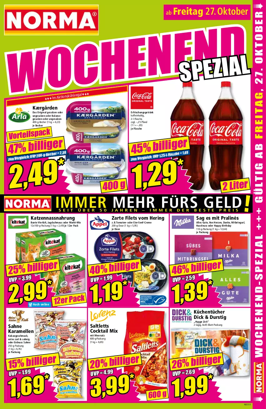 Aktueller Prospekt Norma - Norma - von 23.10 bis 30.10.2023 - strona 17 - produkty: Becher, cocktail, creme, eier, elle, erdnuss, erfrischungsgetränk, filet, filets, flasche, getränk, gin, haselnuss, hering, Kærgården, kakao, karamell, küche, Küchen, küchentücher, mac, Maus, meersalz, Nassnahrung, nuss, regal, ring, sahne, saltletts, salz, senf, Ti, tomate, tomaten, tücher