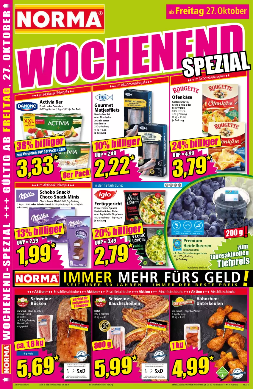 Aktueller Prospekt Norma - Norma - von 23.10 bis 30.10.2023 - strona 18 - produkty: activia, Bau, bauchscheiben, Becher, beere, beeren, braten, cerealien, creme, eis, elle, fertiggericht, filet, filets, fleisch, frucht, Garten, heidelbeere, heidelbeeren, Käse, kräuter, kühlregal, lebensmittel, matjes, Matjesfilet, matjesfilets, natur, Ofen, Ofenkäse, paprika, penne, pfanne, Rauch, ravioli, regal, reis, schoko, schwein, schweine, Schweinebauch, schweinebauchscheiben, schweinerücken, snack, tagliatelle, Ti, tiefpreis, wein, weine