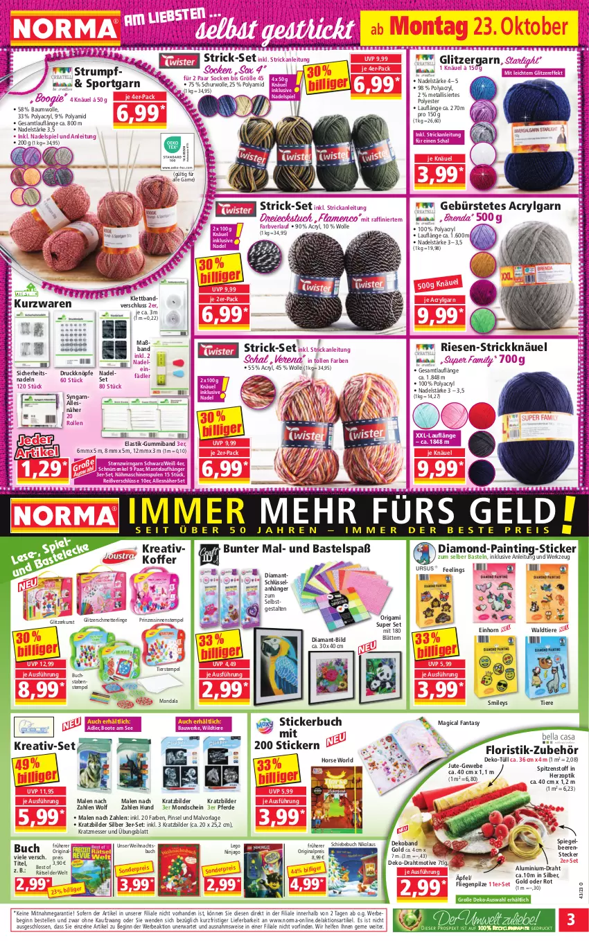 Aktueller Prospekt Norma - Norma - von 23.10 bis 30.10.2023 - strona 3 - produkty: Anhänger, asti, Bau, baumwolle, Bebe, beere, beeren, buch, bürste, Draht, Dreieckstuch, eis, Elan, elle, erde, fanta, gin, koffer, LEGO Ninjago, LG, Liege, Mantel, messer, Mett, Nähmaschine, ninjago, pilze, Pinsel, reis, rum, Schal, Schmetterling, socken, spiegel, Spiegelbeeren, Sport, starlight, Stickerbuch, Ti, Tiere, tuc, werkzeug, Wild, wolle