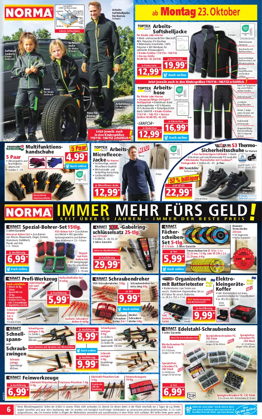 Aktueller Prospekt Norma - Norma - von 23.10 bis 30.10.2023 - strona 6 - produkty: Anzug, asti, auer, batterie, batterien, Bau, baumwolle, Bebe, beleuchtung, Bohrer-Set, decke, Deckel, edelstahl, eis, Elektro, elle, ente, Fleecejacke, gabel, gin, handschuhe, Holz, hose, Jacke, Kinder, Kinder-Hose, koffer, latte, led-beleuchtung, LG, ndk, Pinzette, reifen, reis, ring, Ringschlüsselsatz, rwe, säge, schrauben, Schraubendreher, schuhe, Spezi, Tasche, taschen, teller, Ti, Tiere, Tipi, tisch, wandhalterung, wasser, werkzeug, werkzeuge, Windschutz, wolle, Zement, ZTE