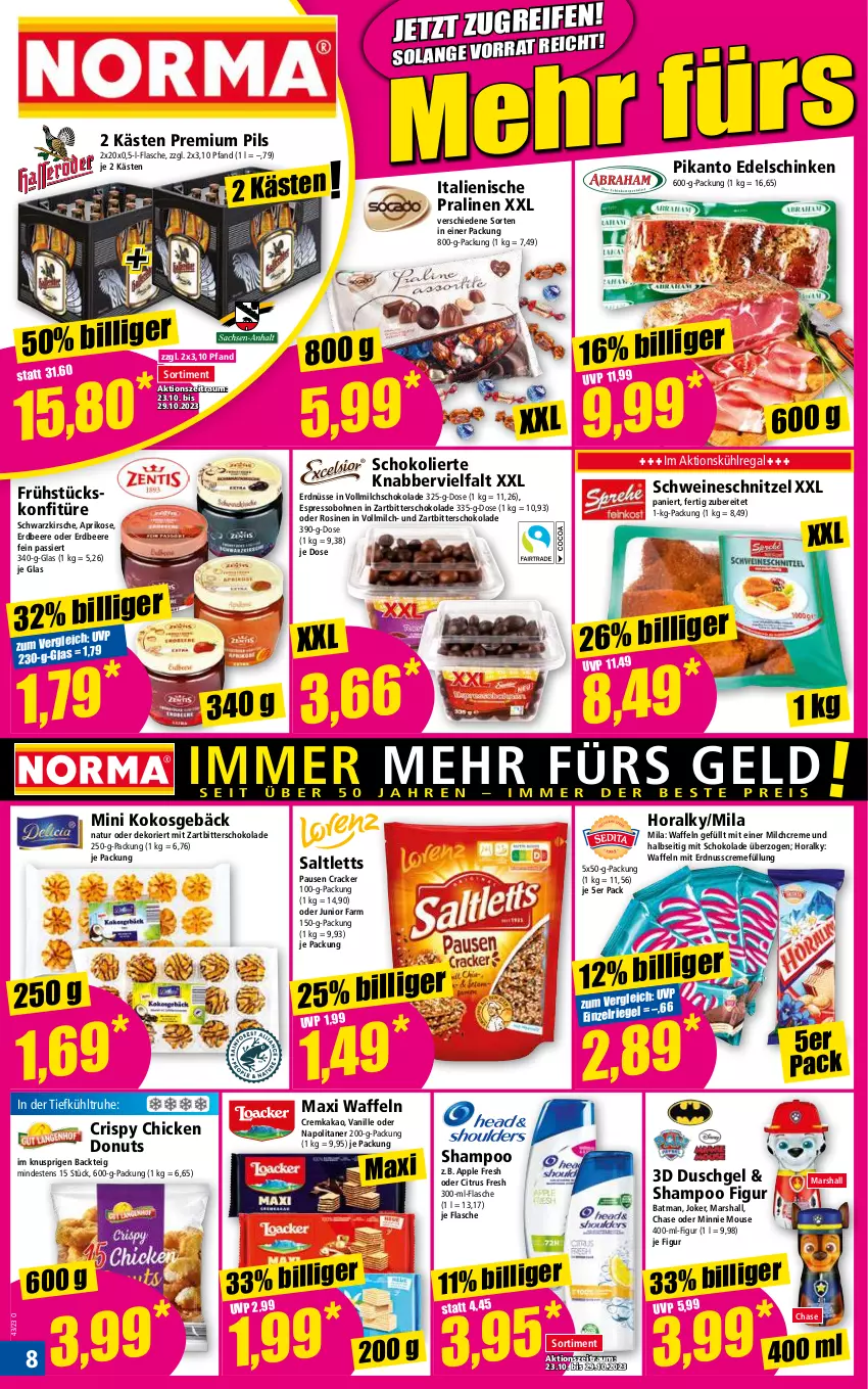 Aktueller Prospekt Norma - Norma - von 23.10 bis 30.10.2023 - strona 8 - produkty: Apple, aprikose, beere, bohne, bohnen, citrus, cracker, creme, Donut, donuts, duschgel, erdbeere, erdnuss, erdnüsse, espresso, flasche, kakao, kirsch, kirsche, kokos, konfitüre, kühlregal, mars, milch, natur, nuss, pils, pralinen, premium pils, regal, saltletts, schinken, schnitzel, schoko, schokolade, schwein, schweine, schweineschnitzel, shampoo, Ti, vanille, vollmilch, waffeln, wein, weine, Zartbitterschokolade