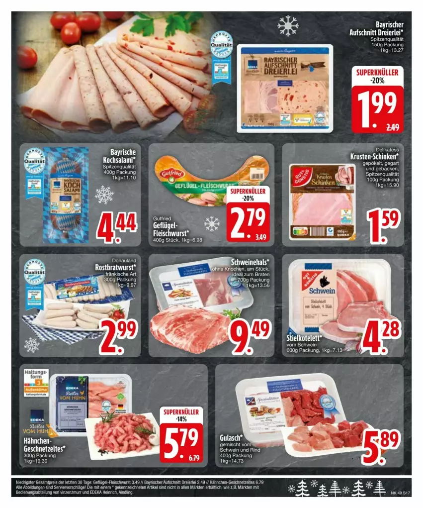 Aktueller Prospekt Edeka - Prospekte - von 02.12 bis 09.12.2024 - strona 19 - produkty: Abtei, aufschnitt, bett, bratwurst, deka, eier, eis, fleisch, fleischwurst, Geflügel, Geflügel-Fleischwurst, geschnetzeltes, gulasch, gutfried, reis, rind, rostbratwurst, salami, schwein, schwein und rind, spitzenqualität, tee, Ti, wein, wurst, Zelt, ZTE