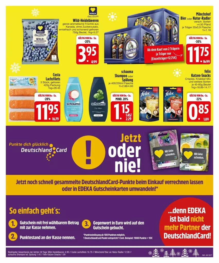 Aktueller Prospekt Edeka - Prospekte - von 02.12 bis 09.12.2024 - strona 29 - produkty: beere, beeren, bier, buch, deka, deutschlandcard, eis, filet, filets, gutschein, heidelbeere, heidelbeeren, lachs, lachsfilet, lachsfilets, mönchshof, natur, radler, reis, schauma, schauma shampoo, shampoo, snack, snacks, spülung, Wild, ZTE