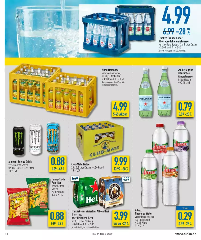 Aktueller Prospekt Diska - Prospekte - von 14.02 bis 19.02.2022 - strona 11 - produkty: alkohol, Alwa, bier, brunnen, cola, drink, eis, eistee, elle, energy drink, flasche, franken brunnen, franziskaner, funny-frisch, heineken, limo, limonade, mineralwasser, monster, Monster Energy, pom-bär, san pellegrino, Sprudel, tee, wasser, weissbier