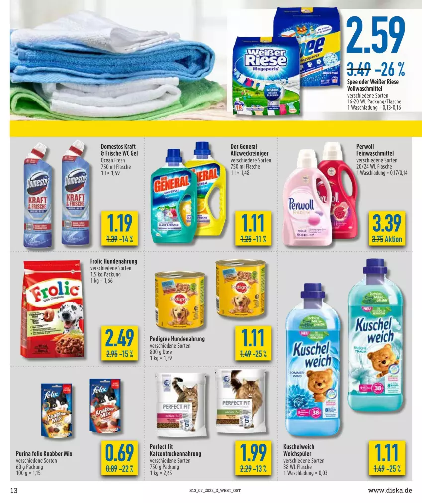 Aktueller Prospekt Diska - Prospekte - von 14.02 bis 19.02.2022 - strona 13 - produkty: allzweckreiniger, domestos, feinwaschmittel, felix, flasche, frolic, hundenahrung, kraft, Kuschelweich, pedigree, Perfect Fit, perwoll, purina, reiniger, spee, Trockennahrung, vollwaschmittel, waschmittel, weck, weichspüler