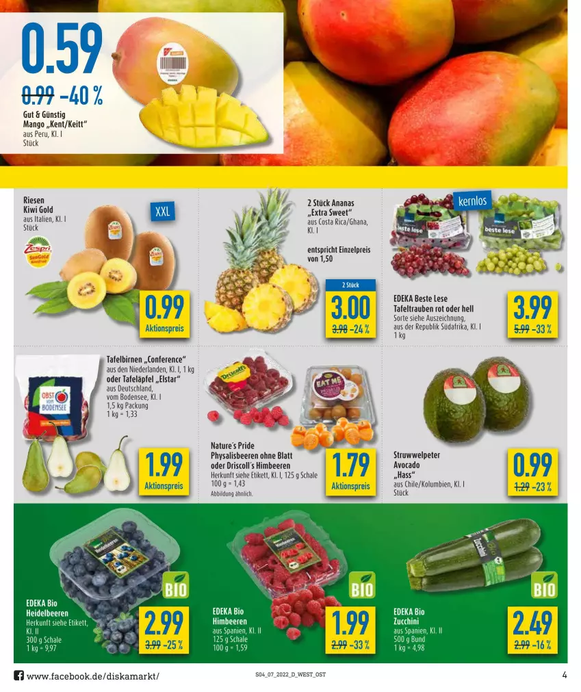 Aktueller Prospekt Diska - Prospekte - von 14.02 bis 19.02.2022 - strona 4 - produkty: aktionspreis, ananas, avocado, beere, beeren, Birnen, deka, driscoll's, eis, himbeer, himbeere, himbeeren, kiwi, Kiwi Gold, mango, natur, Physalis, reis, Schal, Schale, tafeläpfel, tafelbirnen, tafeltrauben, Ti, trauben, zucchini