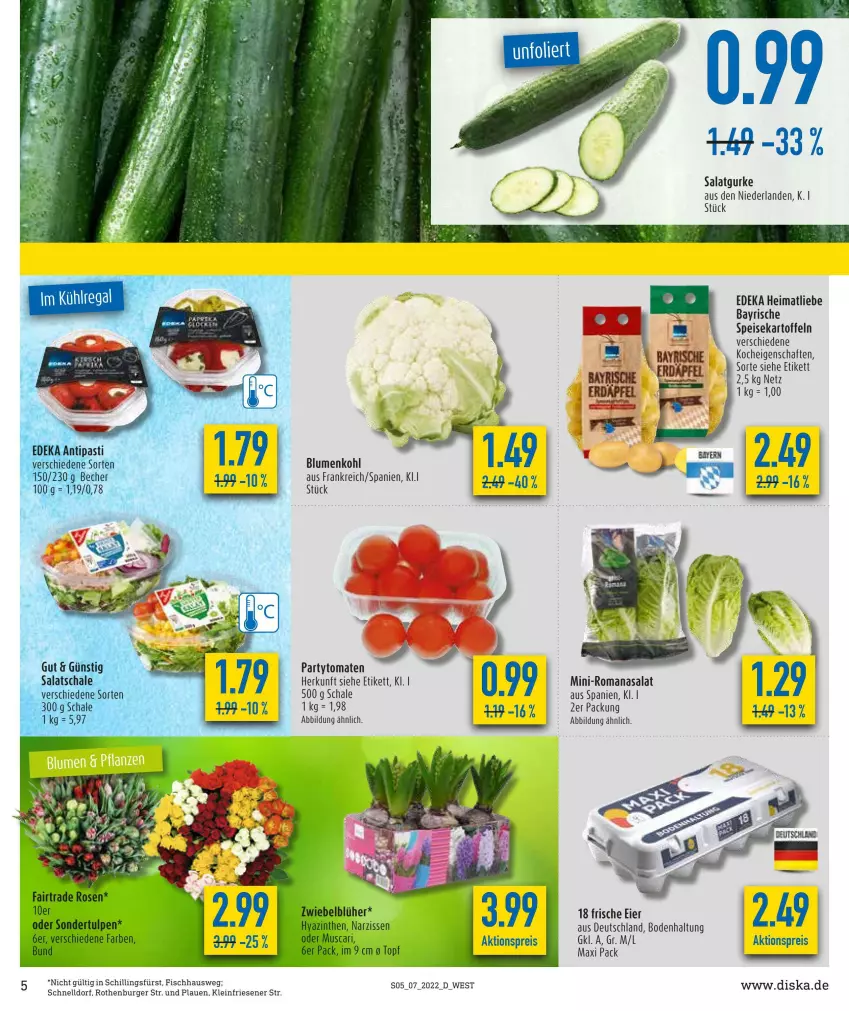 Aktueller Prospekt Diska - Prospekte - von 14.02 bis 19.02.2022 - strona 5 - produkty: aktionspreis, antipasti, asti, Becher, blume, blumen, blumenkohl, burger, deka, eier, eis, fisch, gurke, kartoffel, kartoffeln, Narzissen, reis, Romanasalat, rosen, salat, Salatgurke, Schal, Schale, speisekartoffeln, Ti, tomate, tomaten, topf, zwiebel