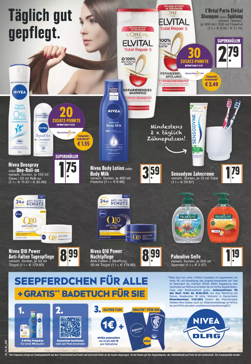 Aktueller Prospekt Edeka - Angebote der Woche - von 13.06 bis 18.06.2022 - strona 20 - produkty: asti, Bad, Badehandtuch, badetuch, badetuch für, body, body milk, Cap, creme, deit, deo, deospray, eier, elvital, flasche, gin, handtuch, mandel, Mandelöl, mivea, nachtpflege, nivea, olive, palmolive, roll-on, Seife, sensodyne, Tagespflege, tee, Ti, tuc, vita, zahncreme, Zander