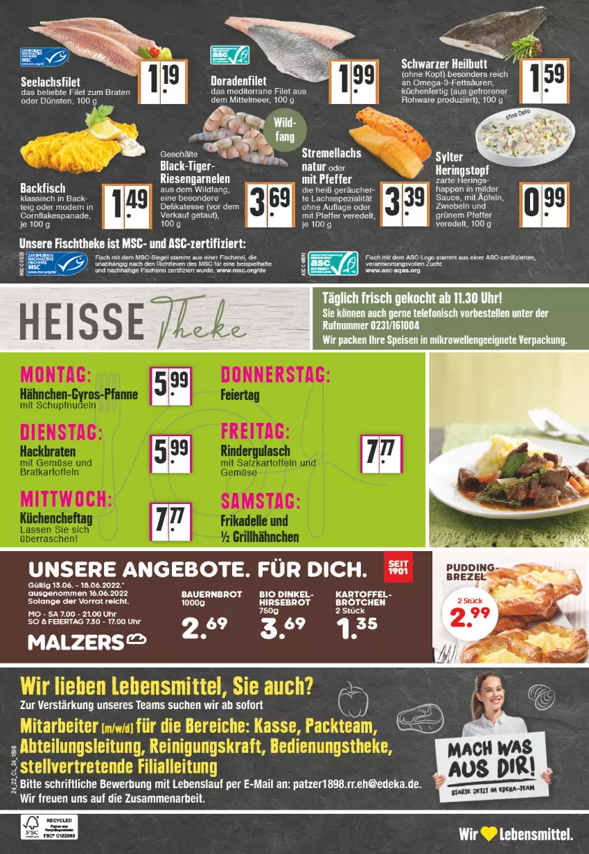 Aktueller Prospekt Edeka - Angebote der Woche - von 13.06 bis 18.06.2022 - strona 24 - produkty: angebot, angebote, apfel, aqua, auer, backfisch, Bau, Bauer, bio, braten, brot, brötchen, deka, eis, elle, ente, filet, fisch, fische, Fischer, fischtheke, flakes, garnelen, hering, Herings, kartoffel, küche, Küchen, lachs, lachsfilet, lack, lebensmittel, Mode, natur, omega, Omega-3, pfeffer, riesengarnelen, ring, sauce, Schere, seelachsfilet, Spezi, telefon, Ti, uhr, Wild, zwiebel, zwiebeln