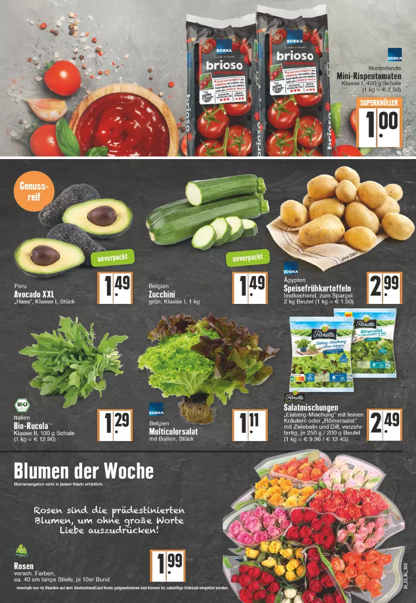 Aktueller Prospekt Edeka - Angebote der Woche - von 13.06 bis 18.06.2022 - strona 3 - produkty: angebot, ball, beutel, bio, blume, blumen, cola, deutschlandcard, eis, Frühkartoffeln, kartoffel, kartoffeln, kräuter, kräutern, LG, mini-rispentomaten, mit zwiebeln, rispentomaten, rosen, rucola, salat, Schal, Schale, spargel, speisefrühkartoffeln, Ti, tomate, tomaten, zucchini, zwiebel, zwiebeln