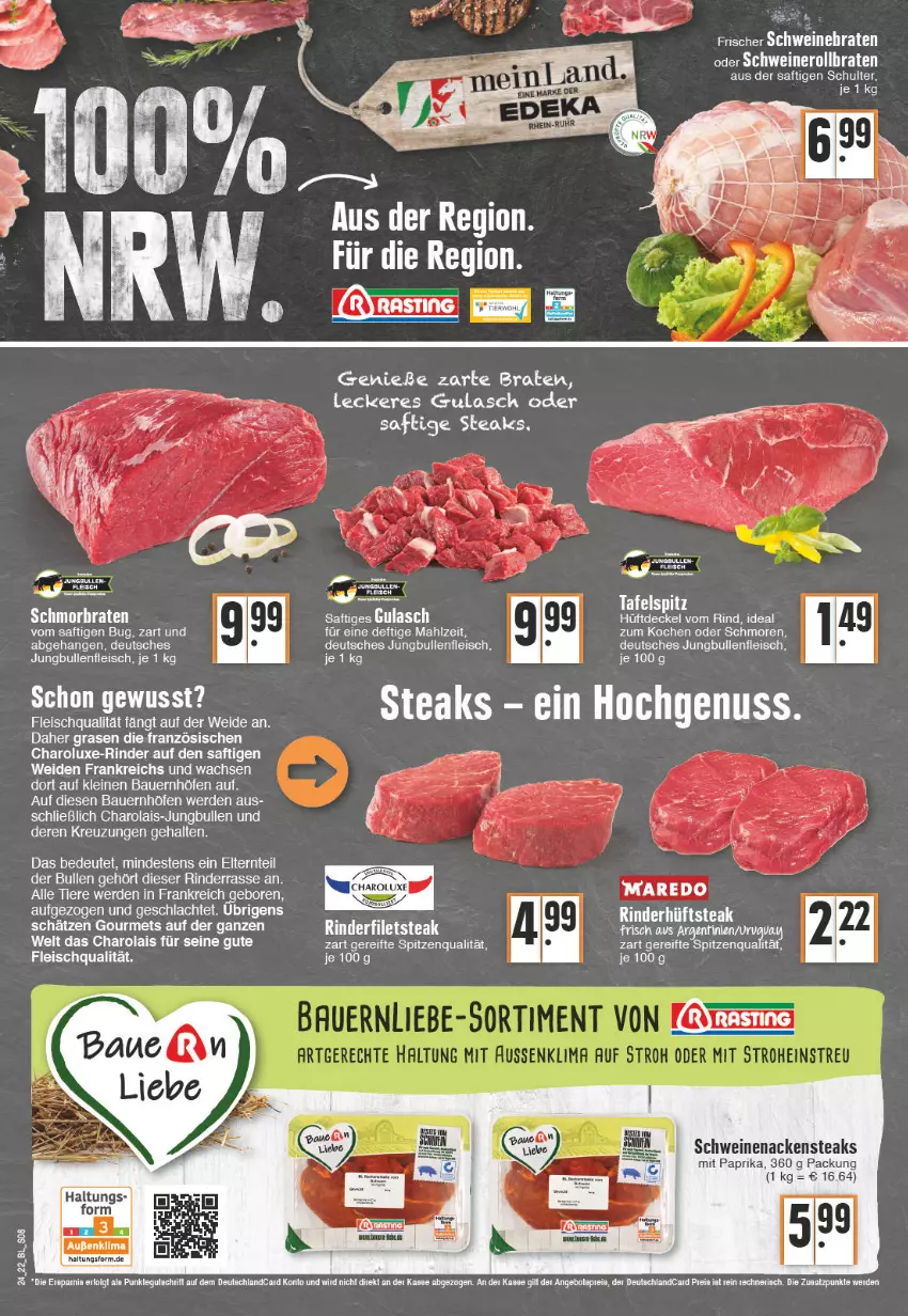 Aktueller Prospekt Edeka - Angebote der Woche - von 13.06 bis 18.06.2022 - strona 8 - produkty: angebot, angebote, auer, Bau, Bauer, braten, decke, Deckel, deutschlandcard, eis, ente, erde, filet, filets, fleisch, gulasch, hüftsteak, jungbullen, leine, LG, mit paprika, Nackensteak, nackensteaks, nero, nuss, paprika, rasen, reis, rind, rinder, rinderfilet, rollbraten, saft, schwein, schweine, schweinenacken, Schweinerollbraten, spitzenqualität, steak, steaks, tee, Ti, Tiere, wein, weine