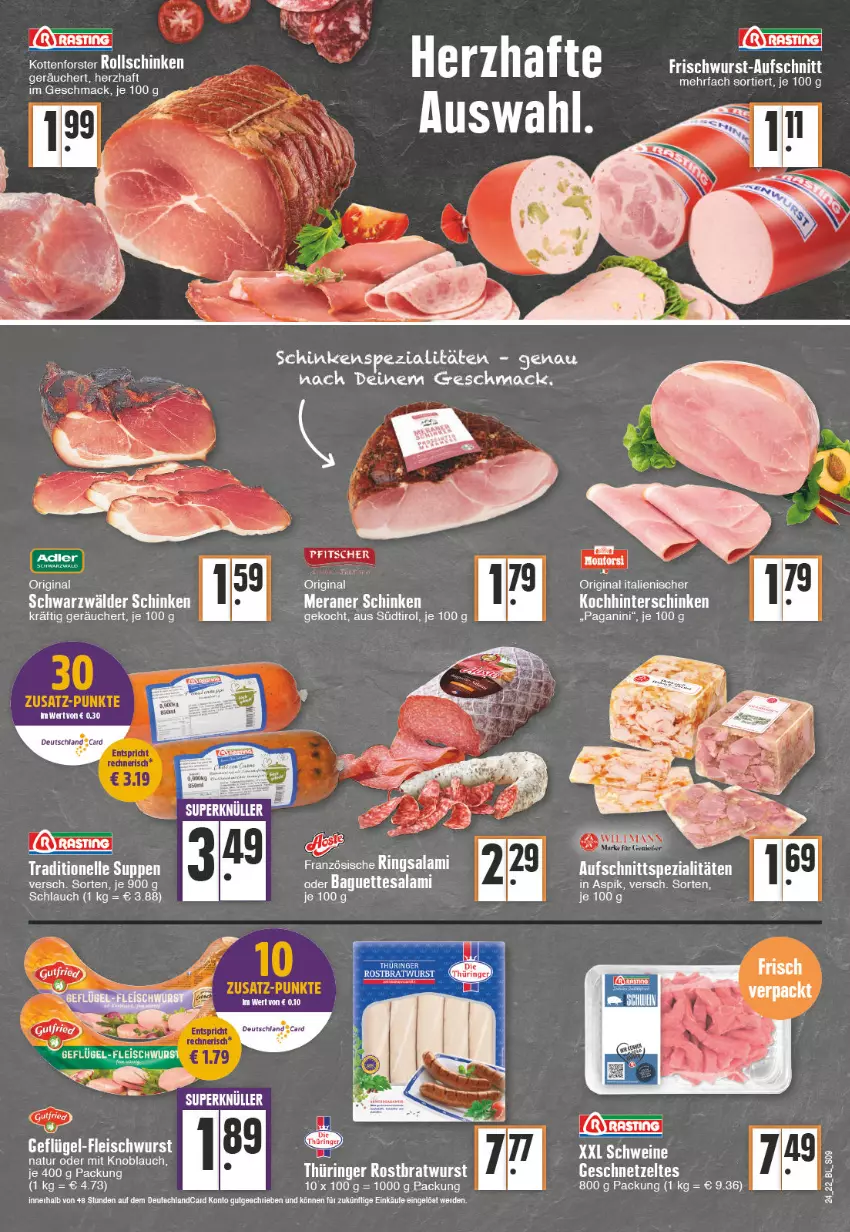 Aktueller Prospekt Edeka - Angebote der Woche - von 13.06 bis 18.06.2022 - strona 9 - produkty: asti, aufschnitt, baguette, baguettes, eis, elle, erde, fleisch, fleischwurst, Geflügel, Geflügel-Fleischwurst, geschnetzeltes, gin, hinterschinken, knoblauch, LG, mac, mit knoblauch, natur, Ria, ring, salami, schinken, schwarzwälder schinken, Spezi, suppe, suppen, tesa, Ti, Weste, wurst, Zelt