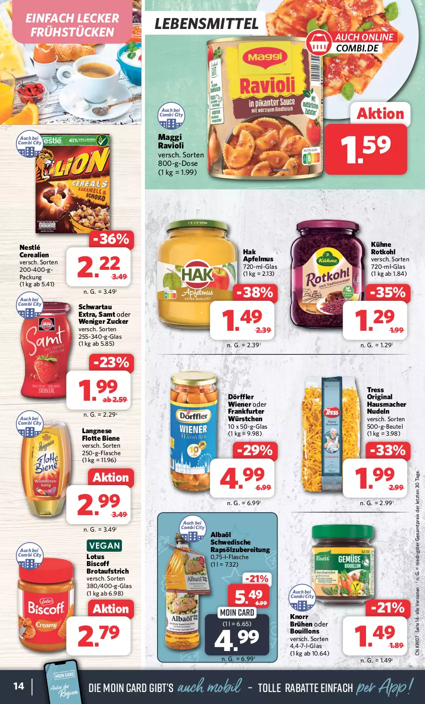 Aktueller Prospekt Combi - Prospekte - von 12.02 bis 17.02.2024 - strona 14 - produkty: apfel, apfelmus, aufstrich, beutel, biscoff, brot, brotaufstrich, Brühe, cerealien, eis, flasche, frankfurter, gin, Hausmacher, knorr, Kühne, langnese, lebensmittel, mac, maggi, nestlé, nudel, nudeln, rapsöl, ravioli, reis, rotkohl, Schwartau, Ti, wiener, würstchen, ZTE, zucker